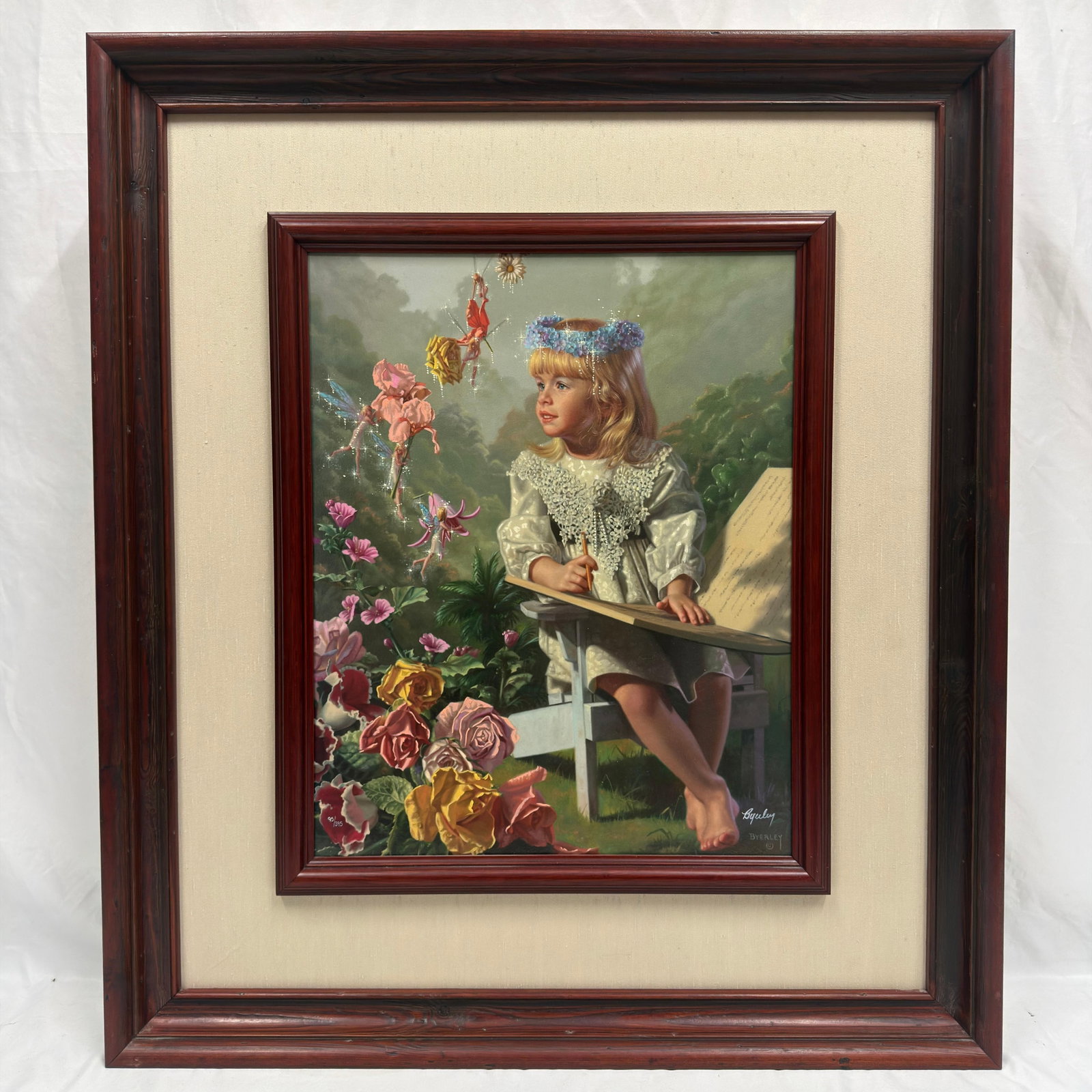 Bob Byerley Signed and Numbered Giclee Print Framed Fairy Whimsical Fantasy Scene R240: Limited edition giclee print by acclaimed American artist Bob Byerley, hand-signed and numbered 95/395. The artwork depicts a young girl writing in a book surrounded by fairies in one of Byerley's