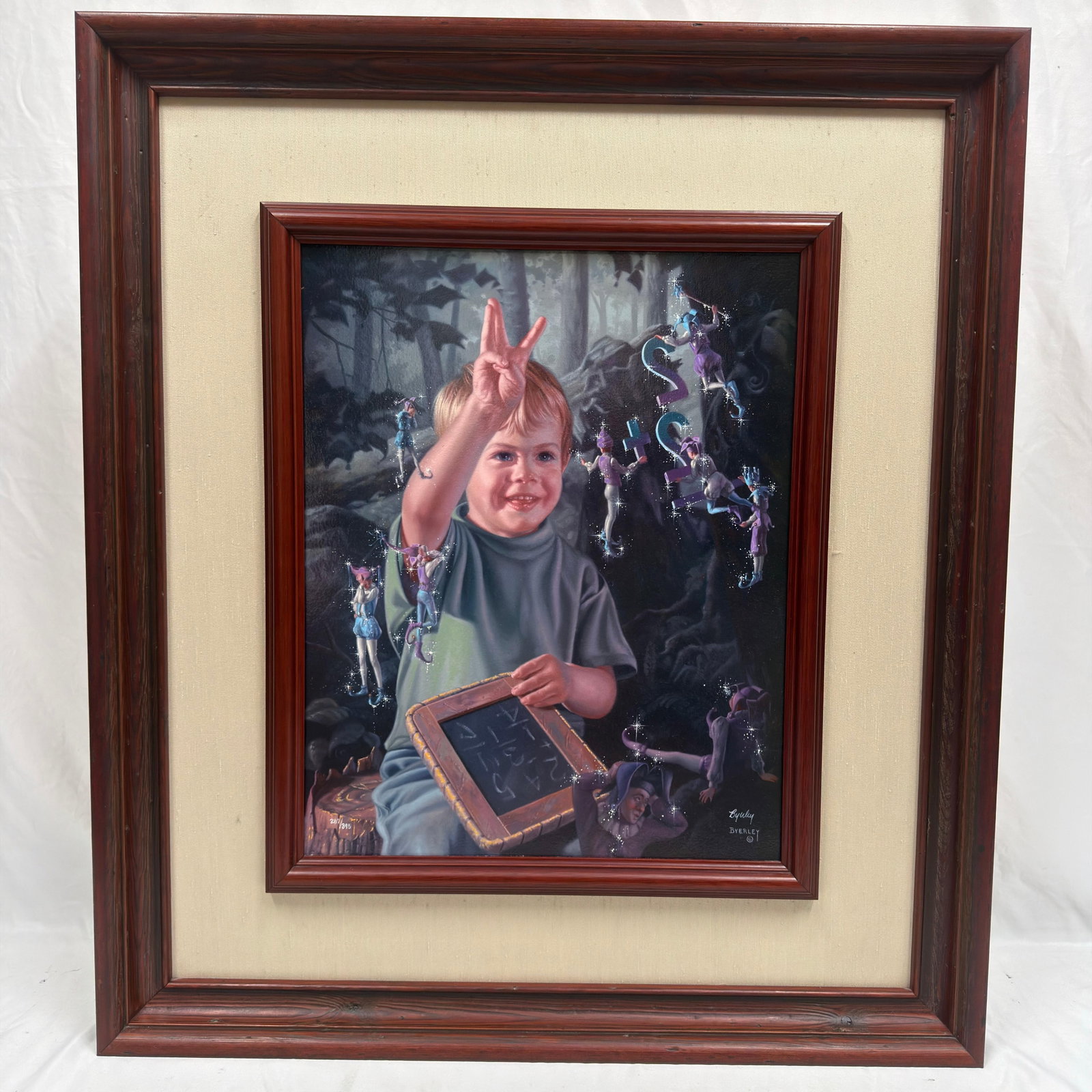 Bob Byerley Signed and Numbered Giclee Print Framed Jester Fairy Fantasy R240: Limited edition giclee print by acclaimed American artist Bob Byerley, hand-signed and numbered 95/395. The artwork depicts a young boy surrounded by whimsical jester fairies in one of Byerley
