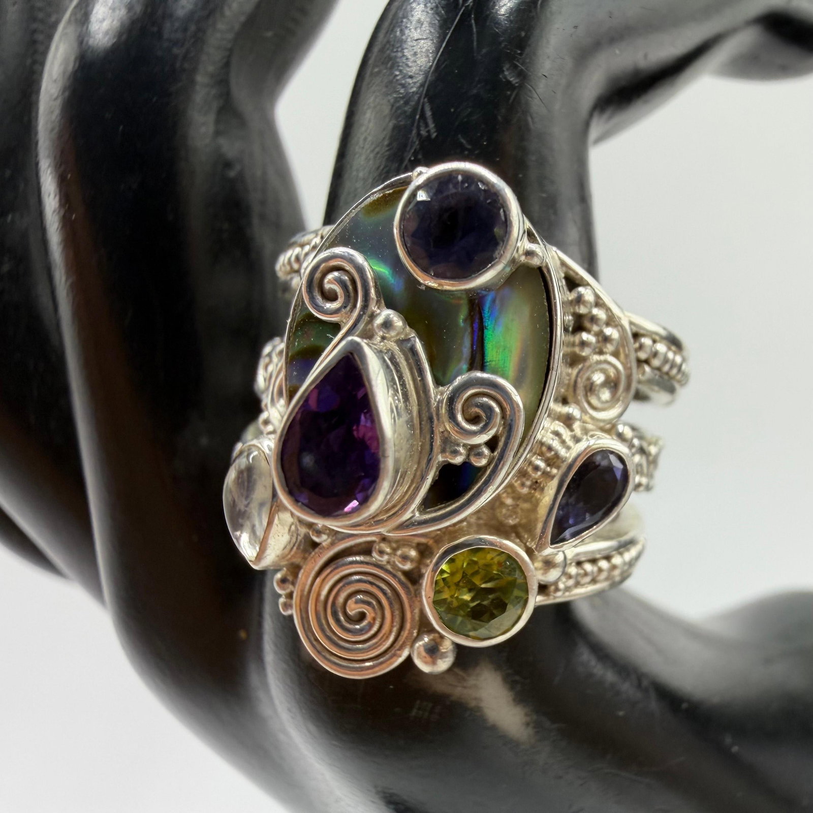 Sajen Sterling Silver Ring Abalone Shell Multi Gemstone AB48: This item is in good pre-owned condition, previously used/displayed, with noticeable light wear and surface scratches. Please reference all photos for full details. This piece of jewelry has been care