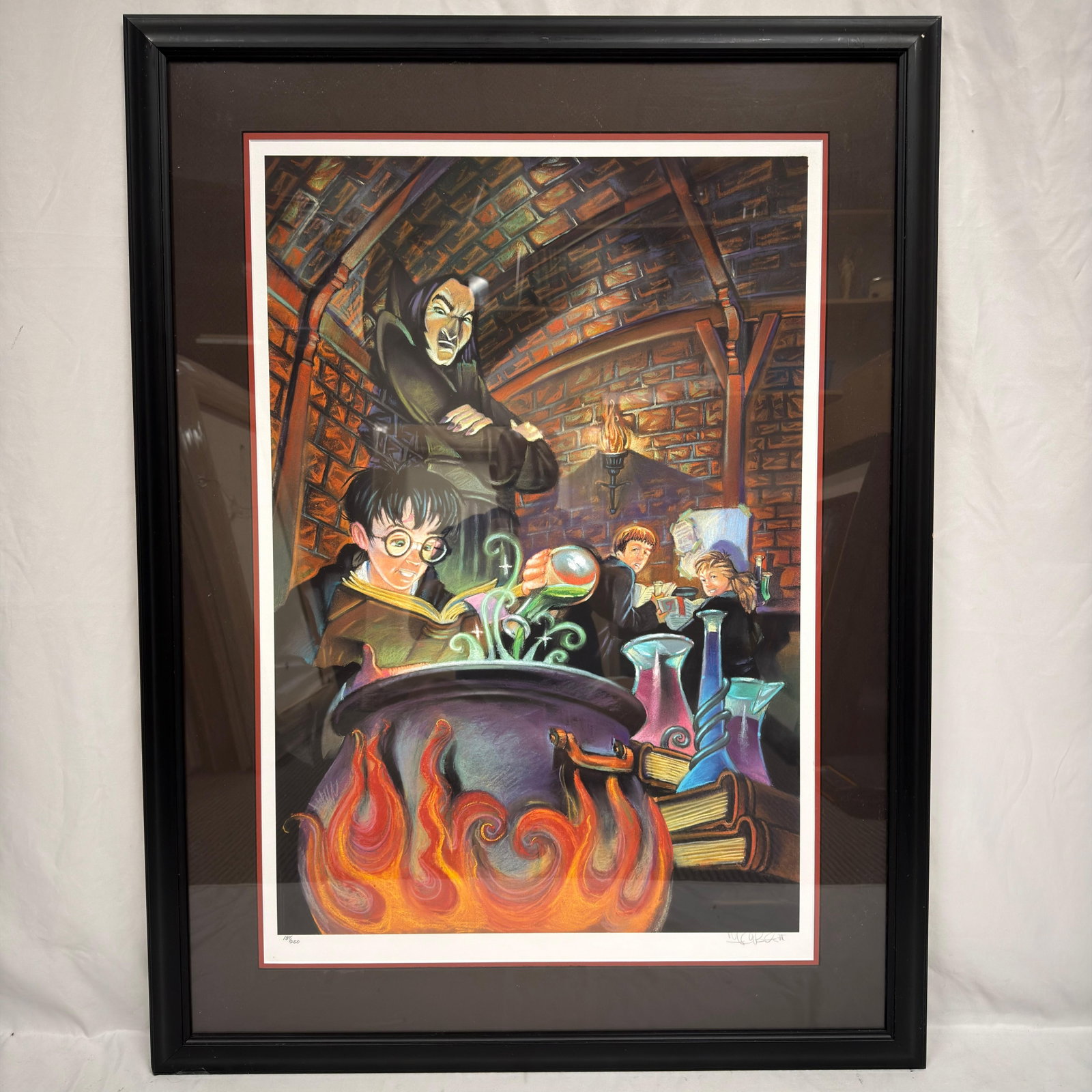 Fred Bode In Potions Class Harry Potter Warner Bros Hand Signed Giclee Print 137 of 250 R240: Limited edition giclee print titled "In Potions Class" by Warner Bros. artist Fred Bode, depicting Harry Potter, Professor Snape, Ron Weasley, and Hermione Granger in Hogwarts' Potions