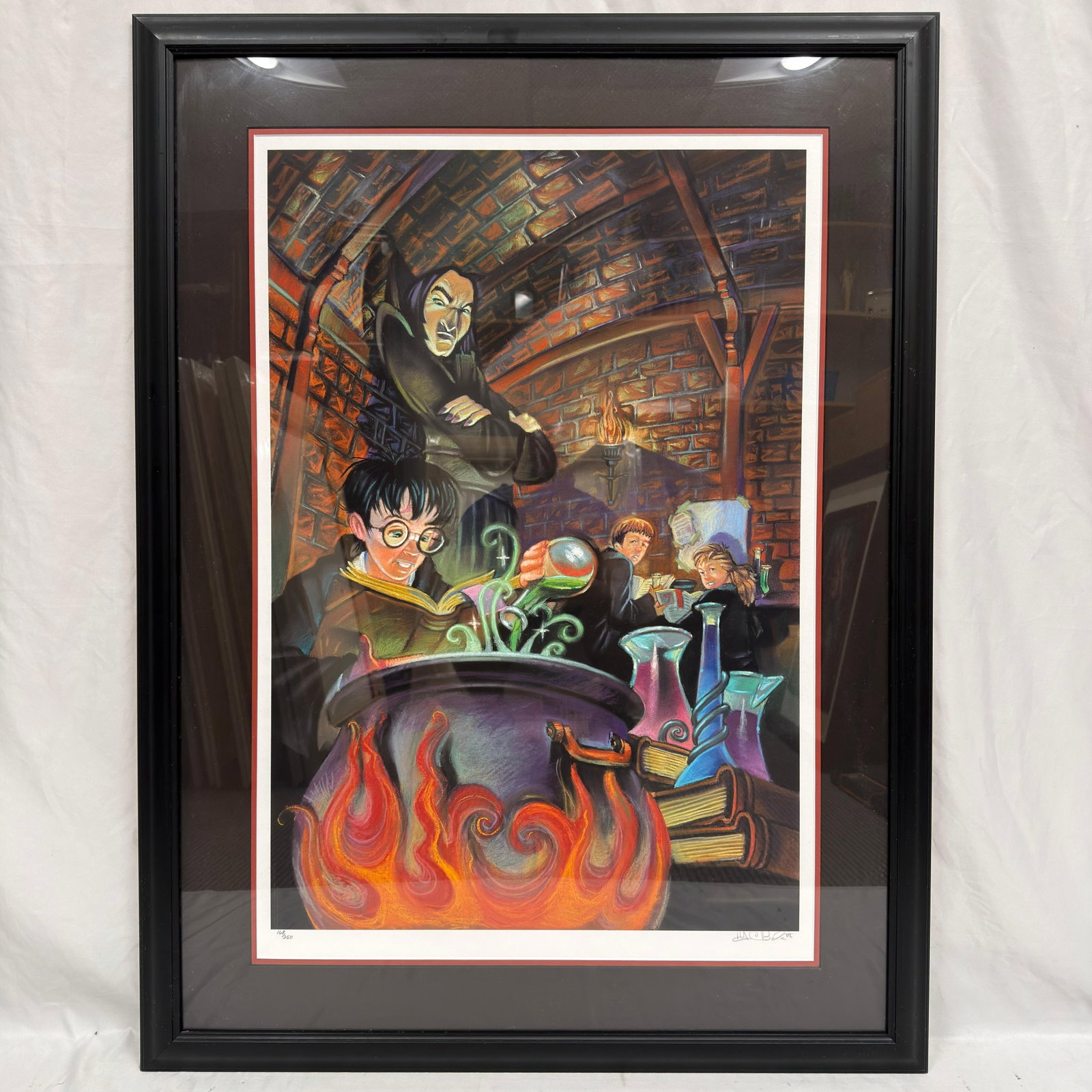 Harry Potter Warner Bros Fred Bode In Potions Class Hand Signed Giclee Print 168 of 250 R240: Limited edition giclee print titled "In Potions Class" by Warner Bros. artist Fred Bode, depicting Harry Potter, Professor Snape, Ron Weasley, and Hermione Granger in Hogwarts' Potions