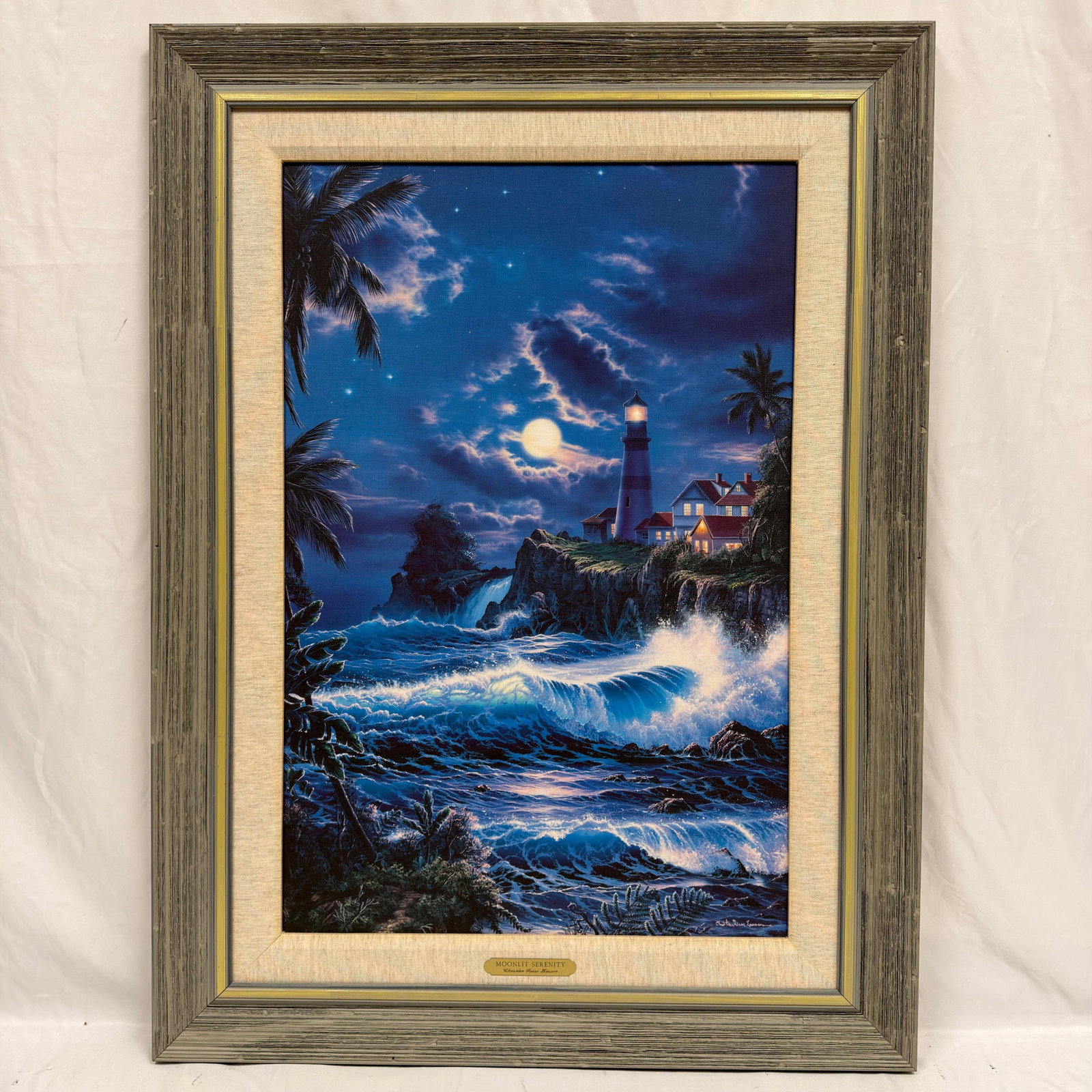 Christian Riese Lassen Moonlit Serenity Framed Canvas Print R240: Framed decorative canvas art print titled Moonlit Serenity after the original artwork by renowned marine artist Christian Riese Lassen. The composition depicts a moonlit coastal scene with crashing