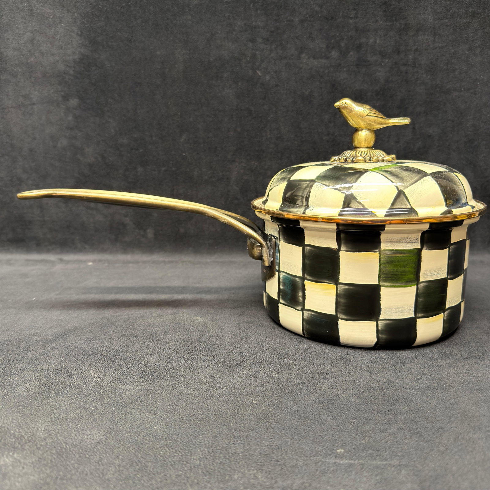MacKenzie Childs Courtly Check Enamel Saucepan with Lid Bird Finial (1 of 8)