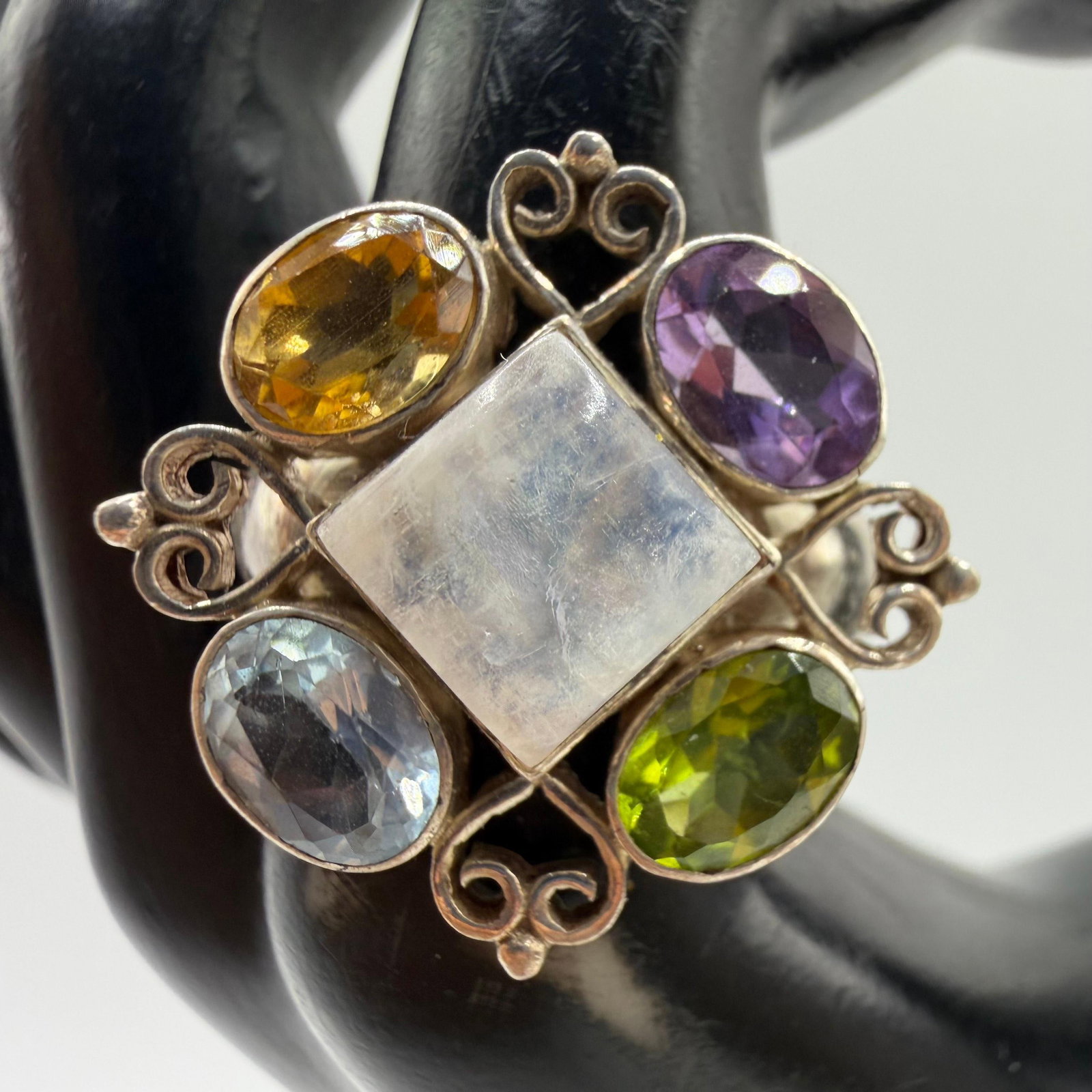 Sajen Sterling Silver Ring Square Center Moonstone and Multi Stone Setting: This item is in good pre-owned condition, previously used/displayed, with noticeable light wear and surface scratches. Please reference all photos for full details. This piece of jewelry has been care