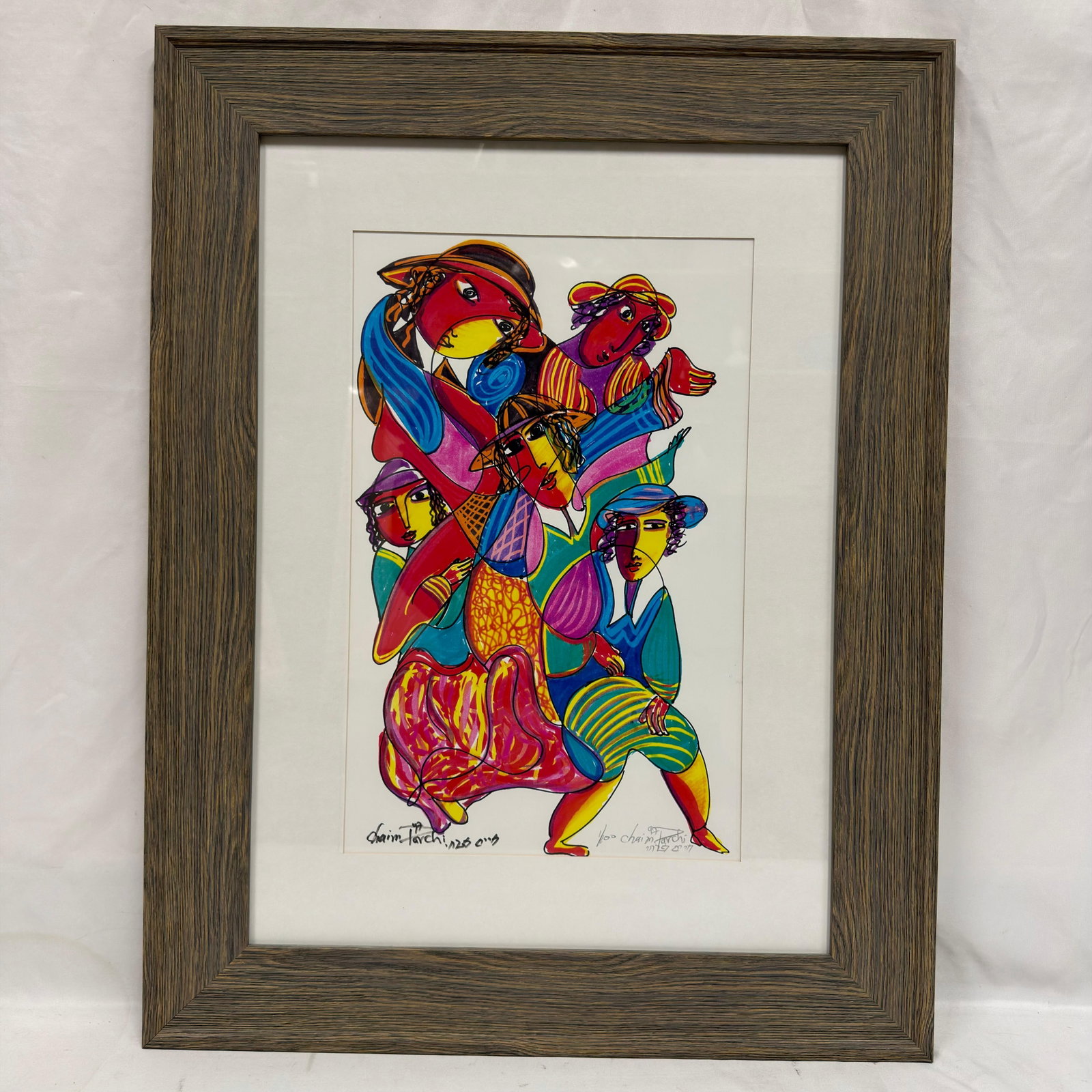 Chaim Parchi Signed Limited Edition Colorful Figural Art Print R240: Colorful limited edition print by Israeli artist Chaim Parchi, depicting a lively grouping of stylized figures rendered in the artist’s distinctive naive and expressionistic style. Print and han