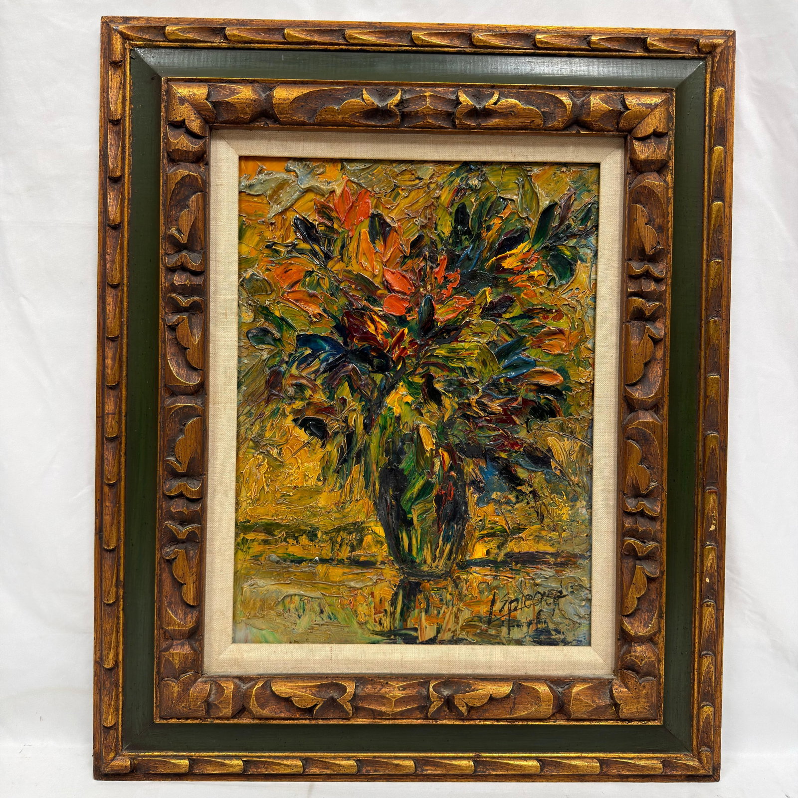 Original Signed Floral Still Life Painting on Board in Carved Wood Frame: Original impasto oil painting depicting a vibrant floral still life arranged in a vase. Executed with bold palette knife techniques and thick, expressive brushwork that create substantial texture thro