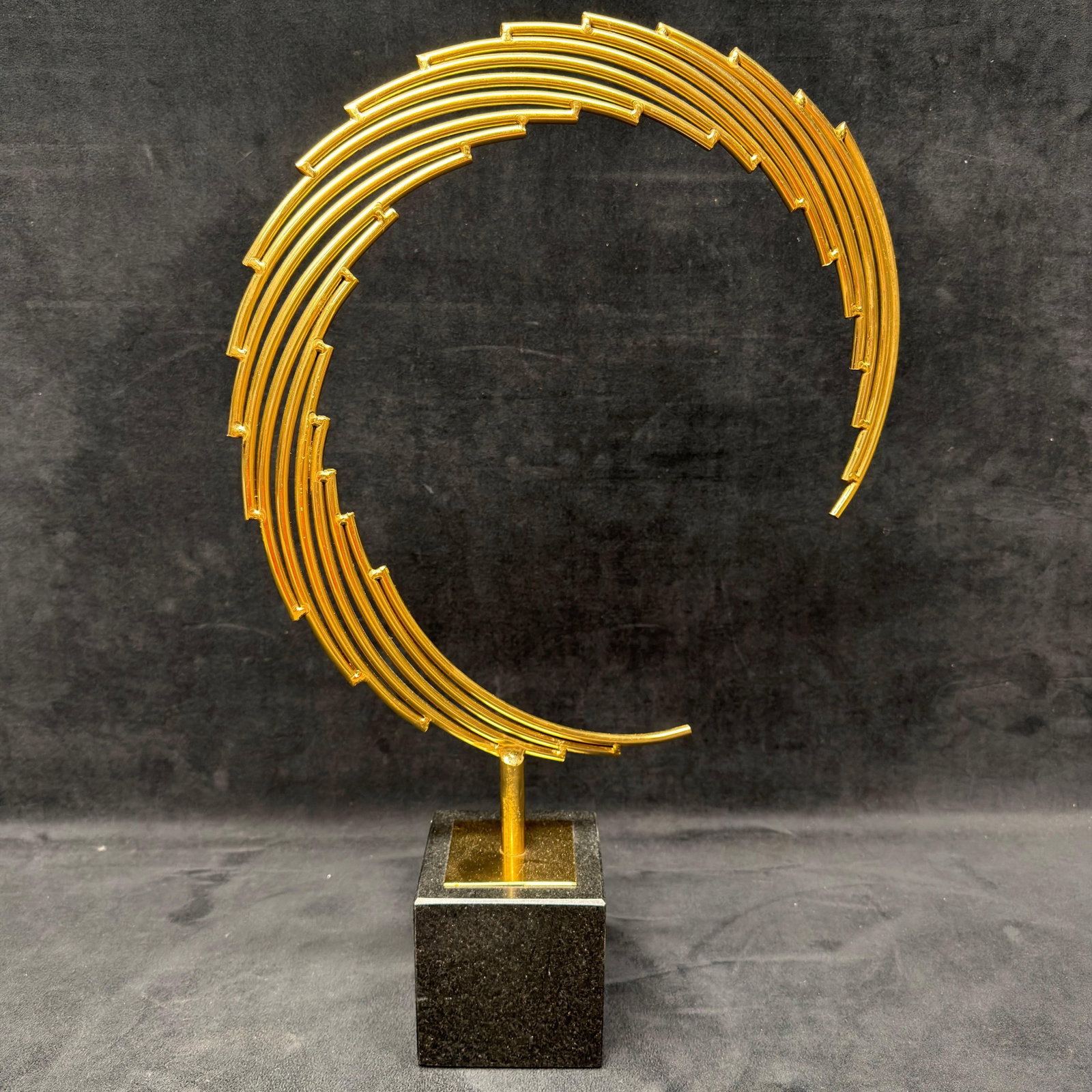 Modern Abstract Gold Tone Metal Spiral Sculpture on Black Stone Base (1 of 6)
