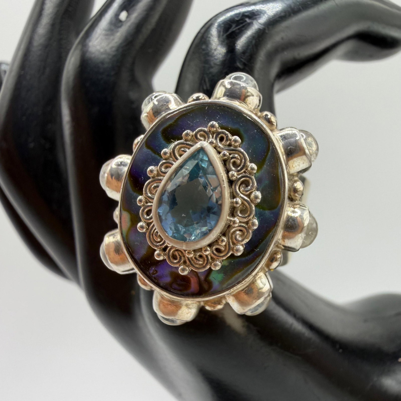 Sajen Sterling Silver Ring Abalone Shell Pear Shaped Blue Topaz AB49 (1 of 5)