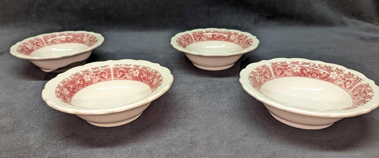 4 Syracuse Strawberry Hill Pink Rim Cereal Bowls C: 4 Syracuse Strawberry Hill Pink Rim Cereal Bowls C. Each of these retired fine china bowls is approx 6 3/8" x 2" x 6 3/8" and the total weight is 3.24 lbs. The bowls have some light markings from use 