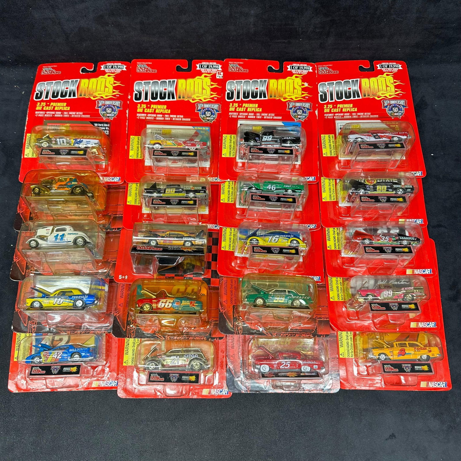 Lot of 20 Racing Champions Stock Rods NASCAR 3.25 in Die Cast Cars Still on Card: Group of 20 Racing Champions Stock Rods” 3.25 premier die-cast replica cars, each sealed on original retail card. Packaging marked 1 of 19,998 produced and commemorating the NASCAR 50th