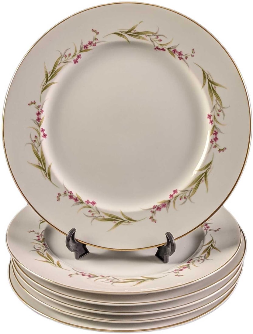 Six Prestige By Fine China Of Japan Dinner Plates: Six Retired Prestige By Fine China Of Japan Dinner Plates. These were originally released in 1981. This Design Has Purple Flowers, Green & Gold Leaves. Each plate is approx 10 1/2" and together t