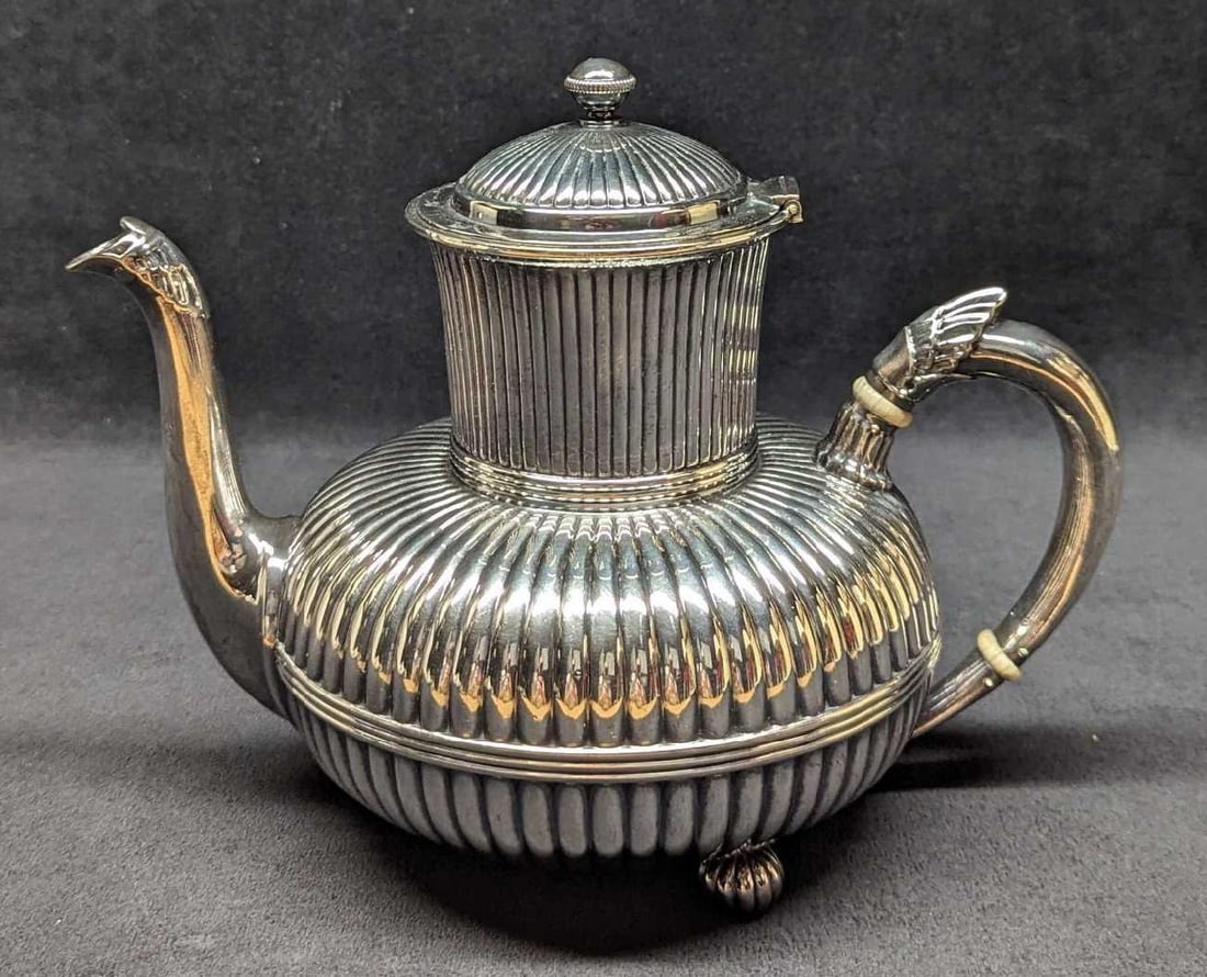 Vintage Gorham Silverplate Ribbed Pattern Teapot: Vintage Gorham Silverplate Ribbed Pattern Teapot. Pattern #730. "Silver soldered". Is marked with an anchor which means it was made in Birmingham, England. Also has monogrammed initials from