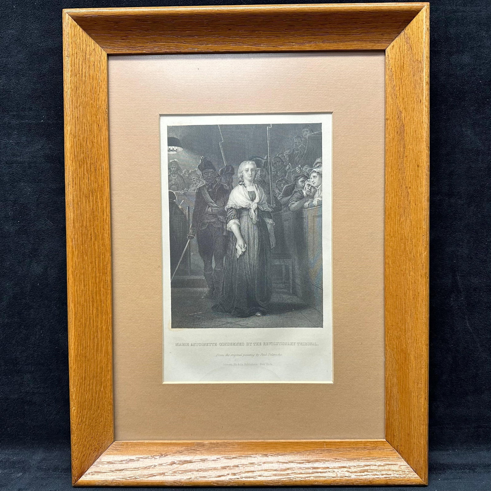 Framed Engraving Marie Antoinette Condemned by the Revolutionary Tribunal After Paul Delaroche: Vintage framed engraving titled, Marie Antoinette Condemned by the Revolutionary Tribunal, based on the original painting by Paul Delaroche. Published by Johnson, Fry & Co., New York. Presented in