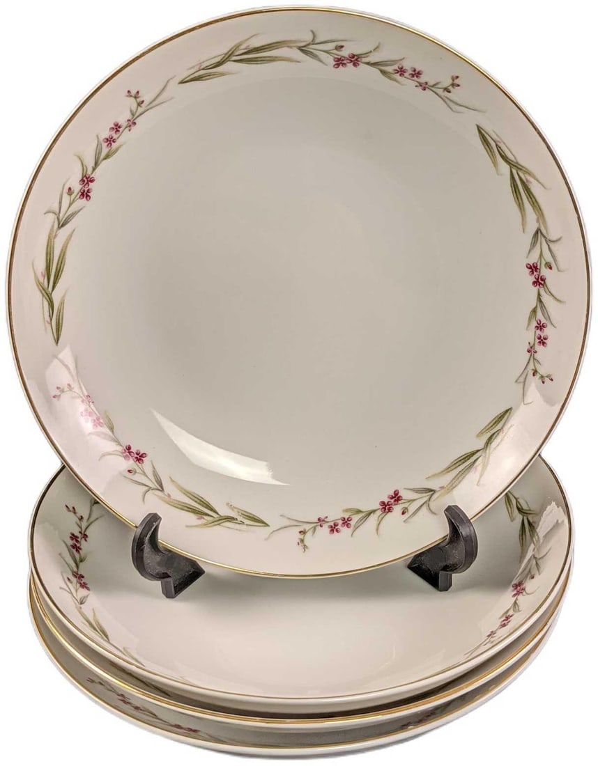 4 Prestige Fine China Of Japan Coupe Soup Bowls: This design was originally released in 1981. This Design Has Purple Flowers, Green & Gold Leaves. This lot consists of: (4) Coupe Soup Bowls. These are approx 7 1/2". Together they weigh 2.76l
