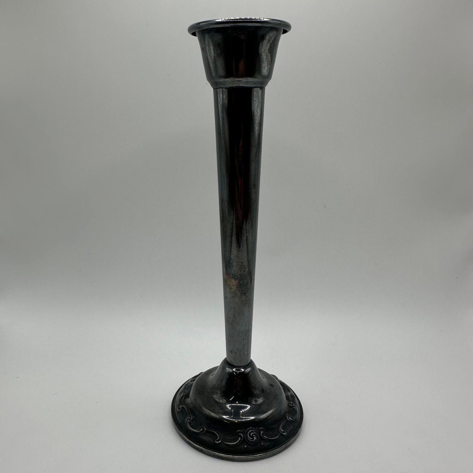 Gorham Rosette Pattern Tapered Silverplated Candle Stick EP YC3054: Hallmark underneath the Gorham weighted candlestick. This item is in pre-owned, heavily used, previously displayed condition with noticeable light wear and surface scratches. Tarnishing noticed.
