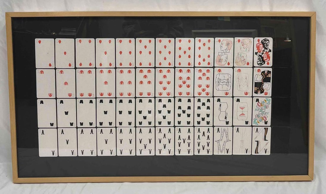 Framed Original Mixed Media Playing Cards Artwork By Lebe: This lot contains a Framed Original Mixed Media Playing Cards Artwork By Lebe. It is approx 23" x 2 1/4" x 40 3/4" and the total weight is 11.5lbs. Overall the mixed media artwork is in good used cond