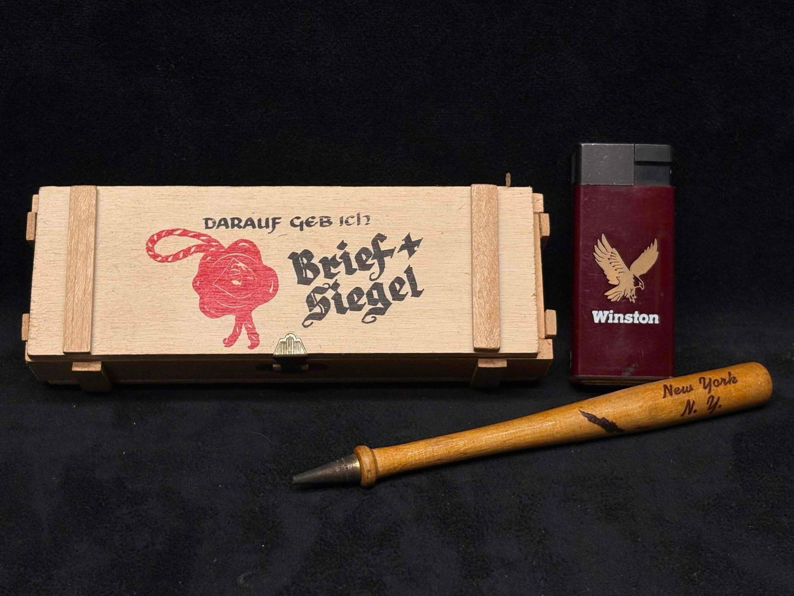Vintage-Style German Wax Seal Set with Lighter: This lot includes a German Wax-Seal set, reading "DARAUF GEB ICH" (I'll Swear By That/I'll Guarentee That" and "Brief + Siegel" (Letter and Seal) on its wooden box