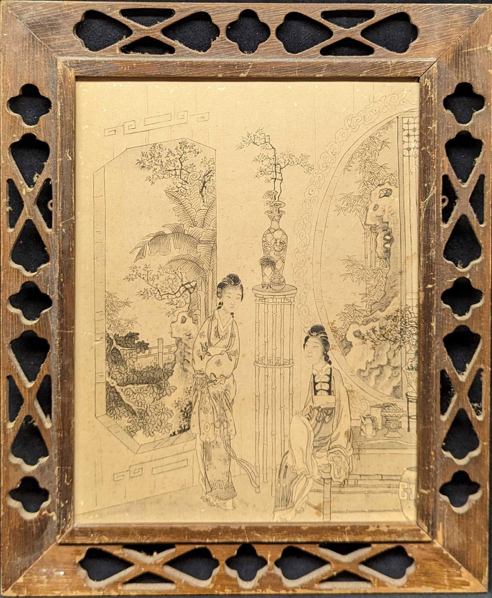 1930s Framed Asian Ladies & Vases Print: 1930s Framed Asian Ladies & Vases Print. The artist is unknown. This framed print is approx 12 1/2" x 1/4" x 15 1/4" and it weighs 0.23lb. The framed print is in a good, vintage condition with wear on