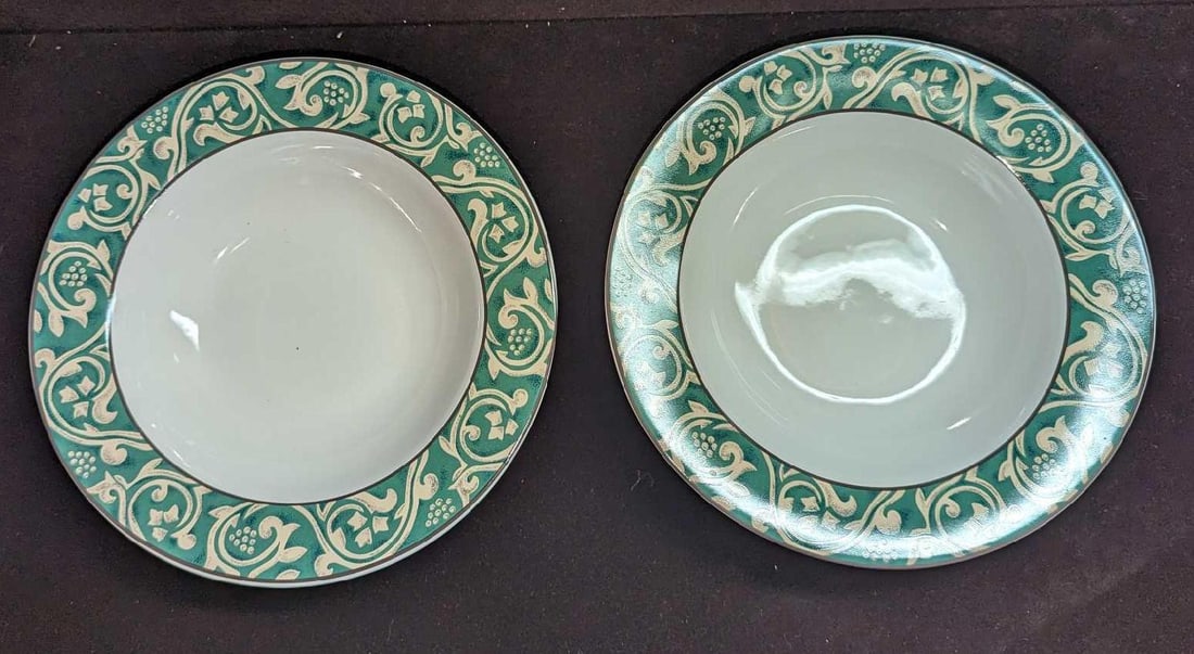 2 Retired Sango Pavilion China Large Rim Soup Bowls D: 2 Retired Sango Pavilion China Large Rim Soup Bowls D. Each is approx 9 1/4" x 9 1/4" x 2" and the total weight is 2.37 lbs. This series was released from the year 1995 to the year 1998. The bowls hav