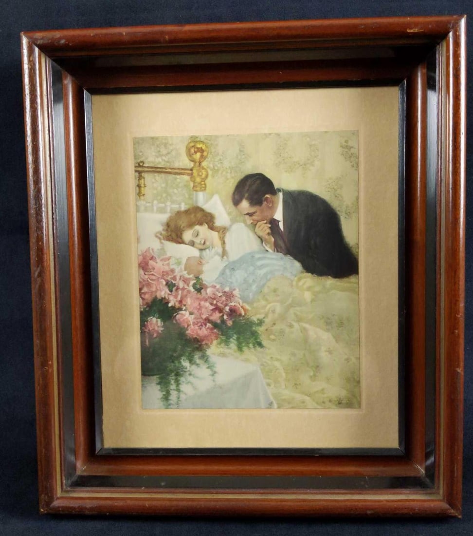 Vintage Framed C Clyde Squires Print Her Gift: "Her Gift" print by C Clyde Squires. Image is based off a popular poem by Burges Johnson: So wee a gift-yet wealth of many lands Could never buy it in So frail a gift--and yet those 