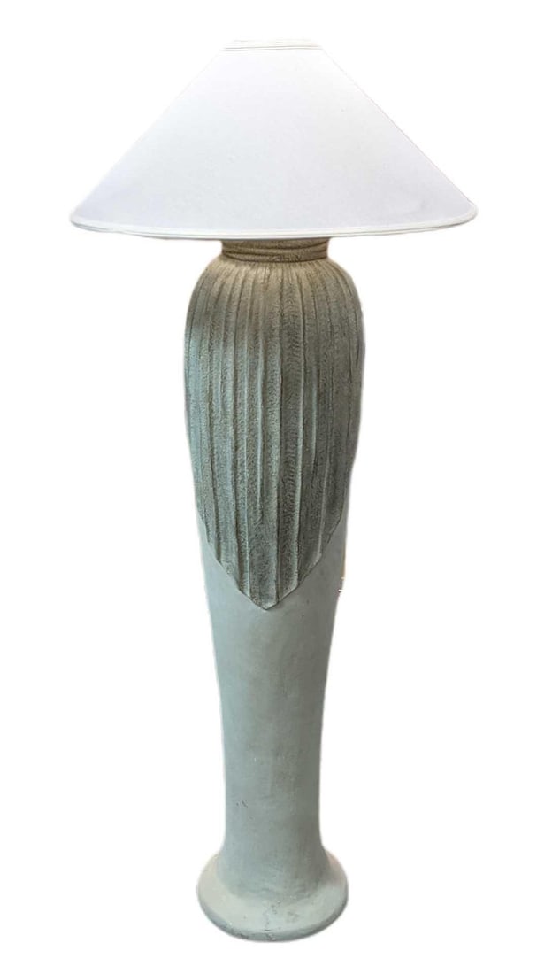 Heavy Plaster Textured Floor Lamp: Heavy Plaster Textured Floor Lamp. Is approx 23" x 23" x 63" and it weighs 47lbs. Is marked by the artist & company on the bottom. Was tested and it works. The lamp is in a good, vintage