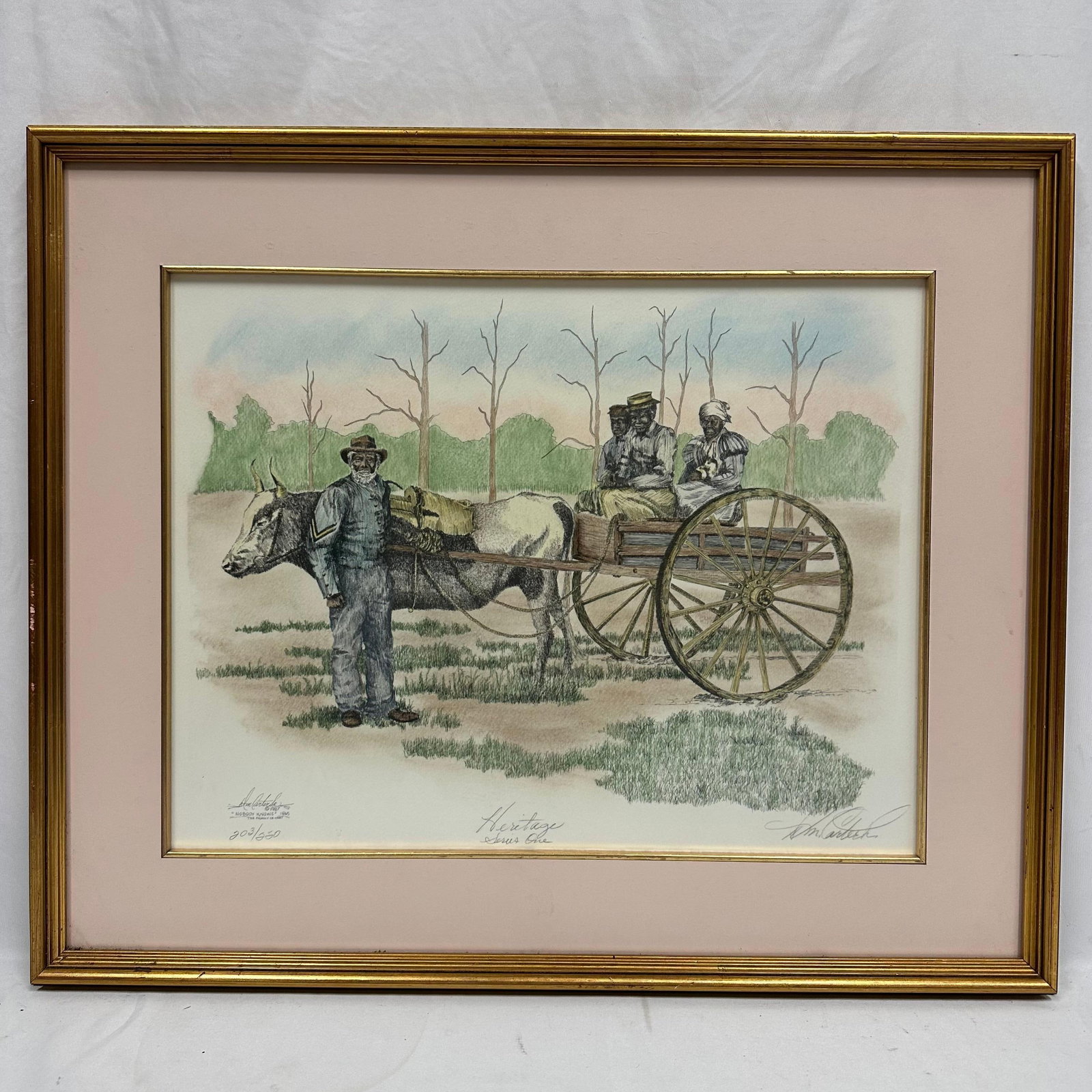 DM Carter Sr Nobody Knows Family Ox Cart Signed and Numbered Print Framed: Framed limited edition print titled Heritage Series One by D.M. Carter Sr., signed by the artist and numbered 203/250 in pencil. Matted and framed under glass with a gold-tone gilt frame. This item