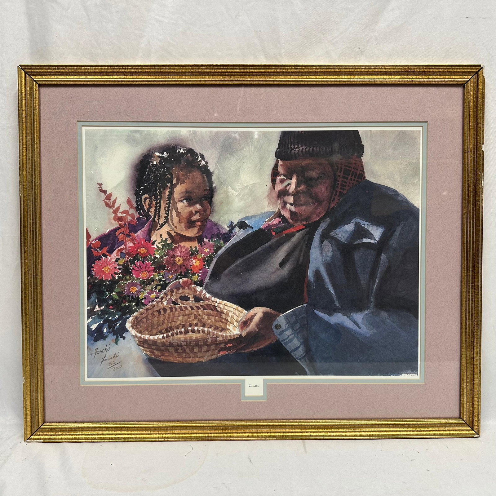 Virginia Fouche Bolton Devotion Watercolor Print Framed Signed Numbered #50: Framed limited edition print titled Devotion by Virginia Fouche Bolton, signed by the artist and numbered 50/3000 in pencil. Featured in a pink mat and framed under glass with a gold-tone gilt