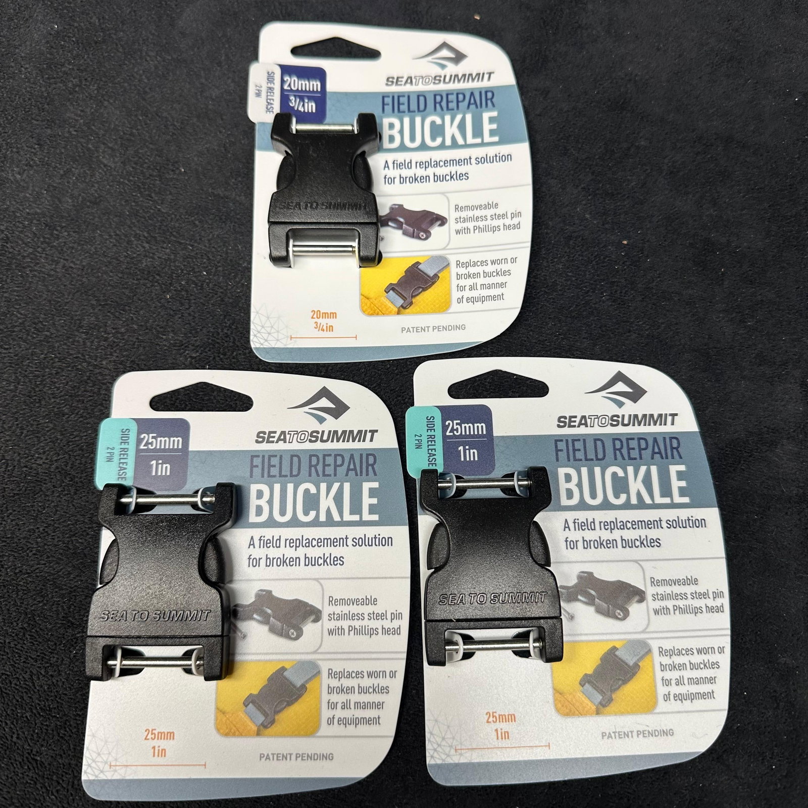 Sea to Summit Field Repair Buckle Lot of Three: A lot of three Sea to Summit Field Repair Buckles, including one 20mm 3/4'' buckle and two 25mm, 1 in, buckles. All are new in packaging and feature removable stainless-steel pins with Phillip
