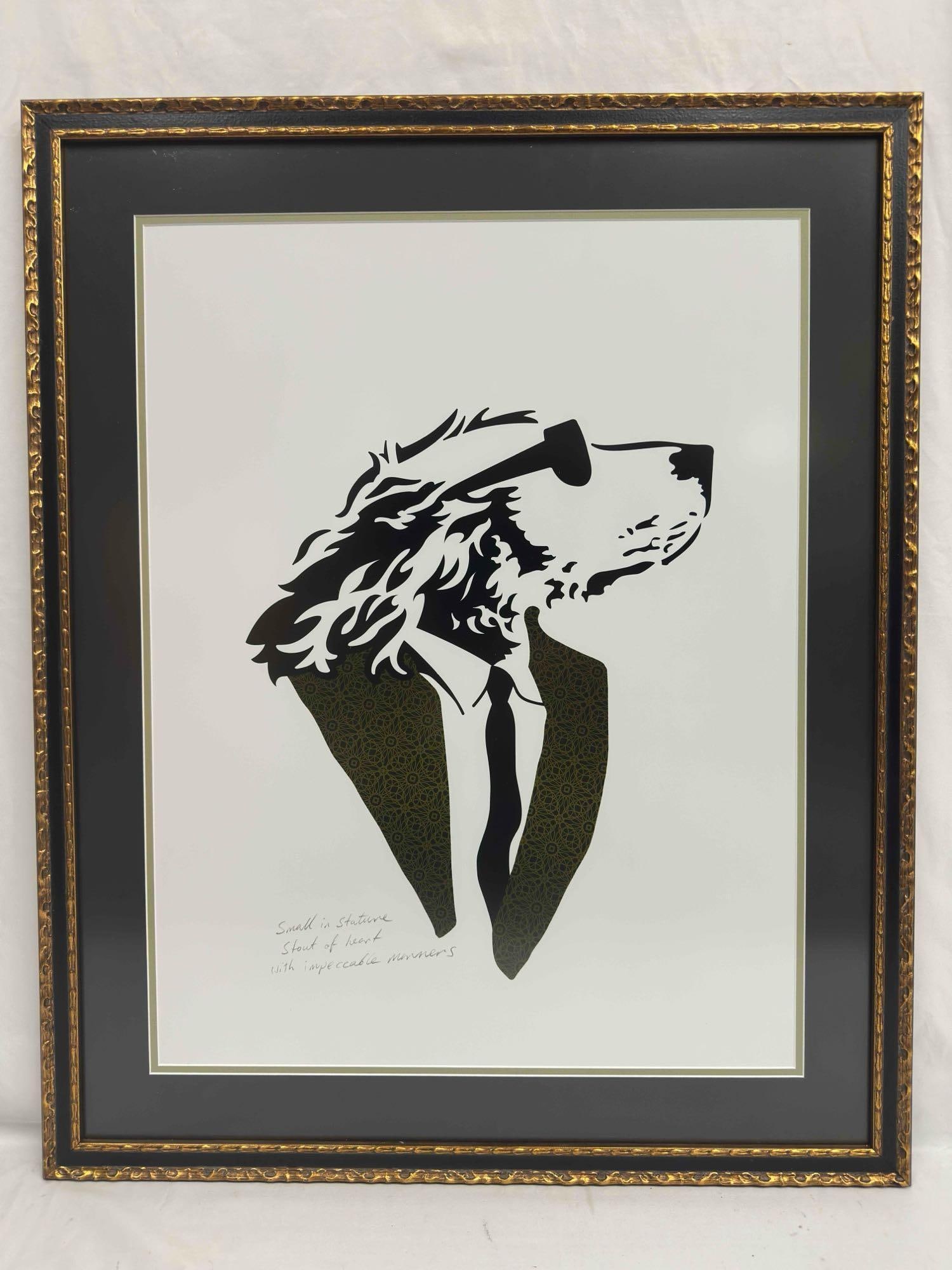 Lonely Dog Green Motif Design Black Suit Jacket and Tie Giclee Framed Ivan Clarke Art Print: Lonely Dog Green Motif Design Black Suit Jacket and Tie Giclee Framed Ivan Clarke Art Print. This art print by Ivan Clarke features the Lonely Dog in a green repeating patterned black suit jacket