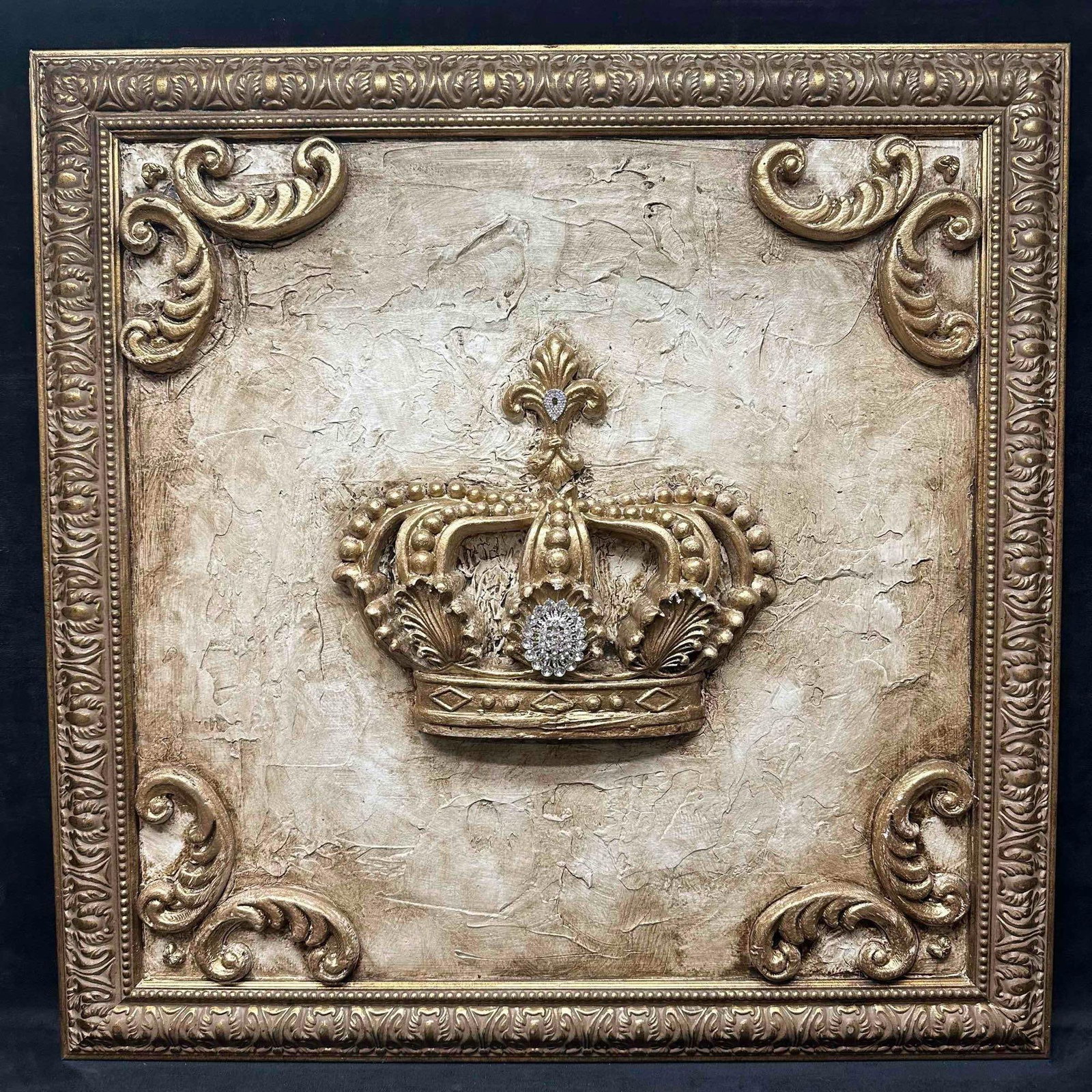 Michelle Butler Designs Crown Artwork Plaque Sign Resin Wood Decor: Gold colored Crown hand crafted decor piece. Minor chips on resin wood decor. Unique plaque hand crafted art piece featuring rhinestone accents. Signed by artist Michelle Butler on the back. This
