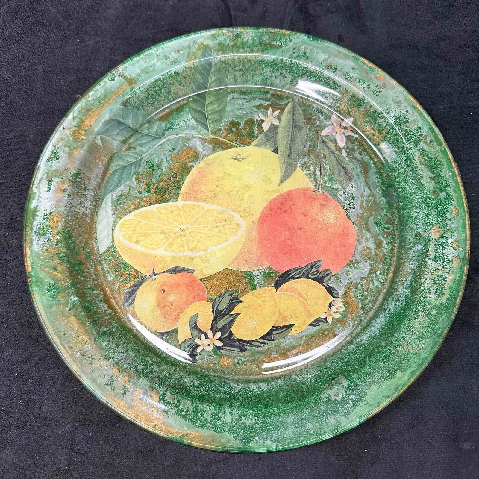 Vintage Transferware Fruit Design Green and Gold Marbled Style Plate by P. Owens 1992: Markings on the back of the plate by artist. Light noticeable scratches but No chips, cracks, or breaks. This item is in good pre-owned, previously displayed condition with light wear, and surface