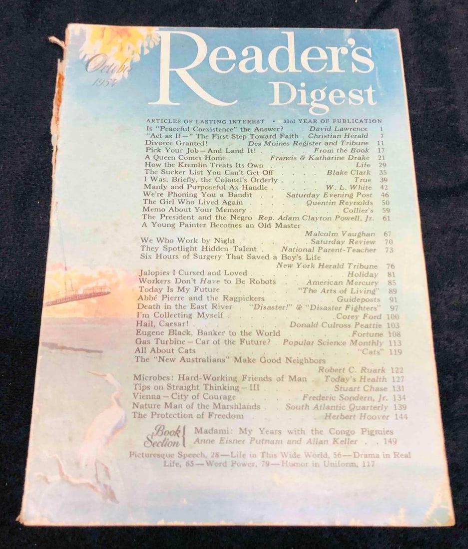 Vintage Copy Of Reader's Digest October 1954 Vo.65 No.390: This lot contains a Vintage Copy Of Reader's Digest October 1954 Vo.65 No.390. It is approx 7 1/2" x 5 1/2" and it weighs about 0.2lbs. Overall the book is in good used condition with some wear