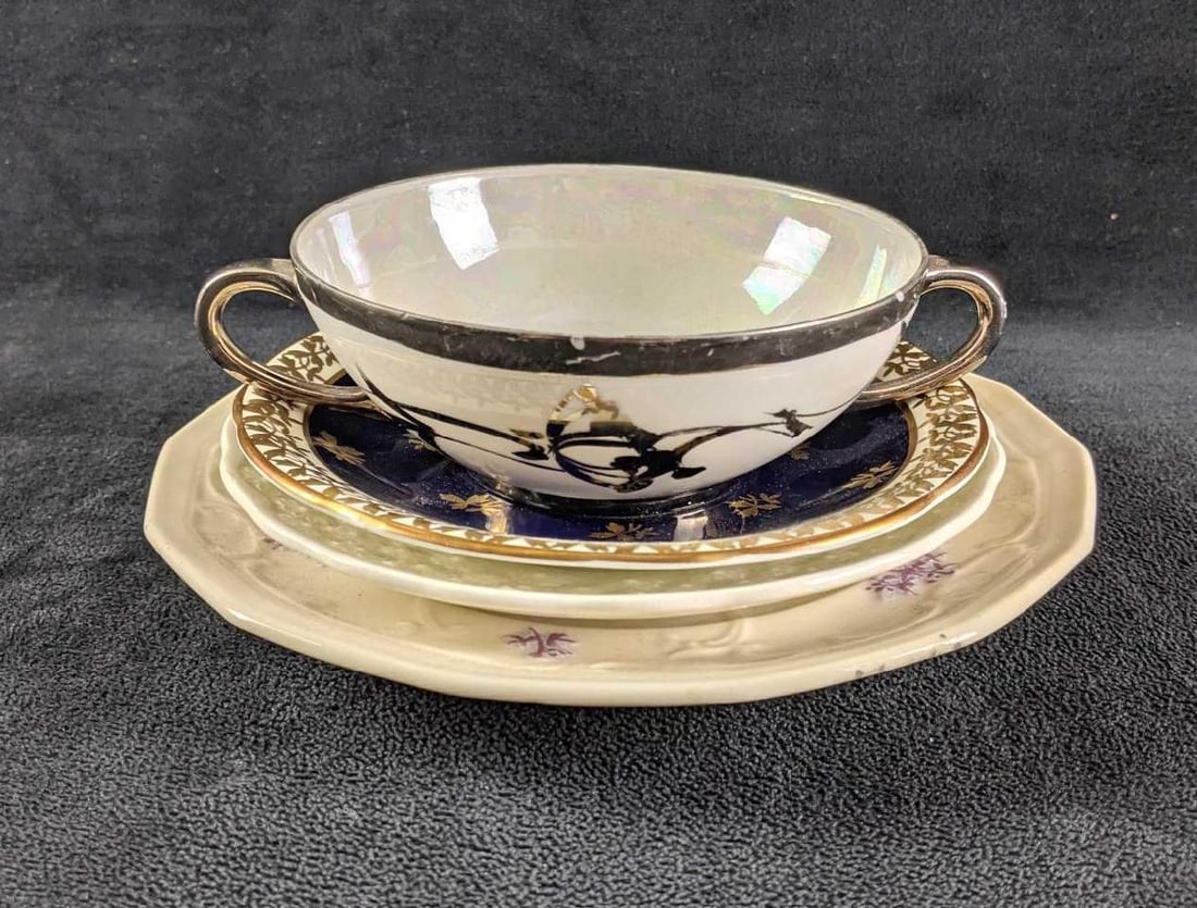 Assorted China Plates and Bowl: This is an assortment of china that are only singles. They are not a set. There are four items in this lot. All are crazing so these should not be used. These can be used as decoration. Crazing