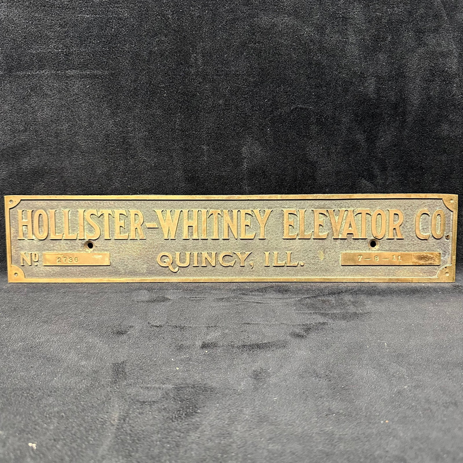Vintage Hollister Whitney Elevator Co. Brass Identification Plate Quincy Illinois: Vintage solid brass elevator identification plate from the Hollister-Whitney Elevator Company, Quincy, Illinois. Features raised lettering with serial number 2736 and an additional stamped numeric pan