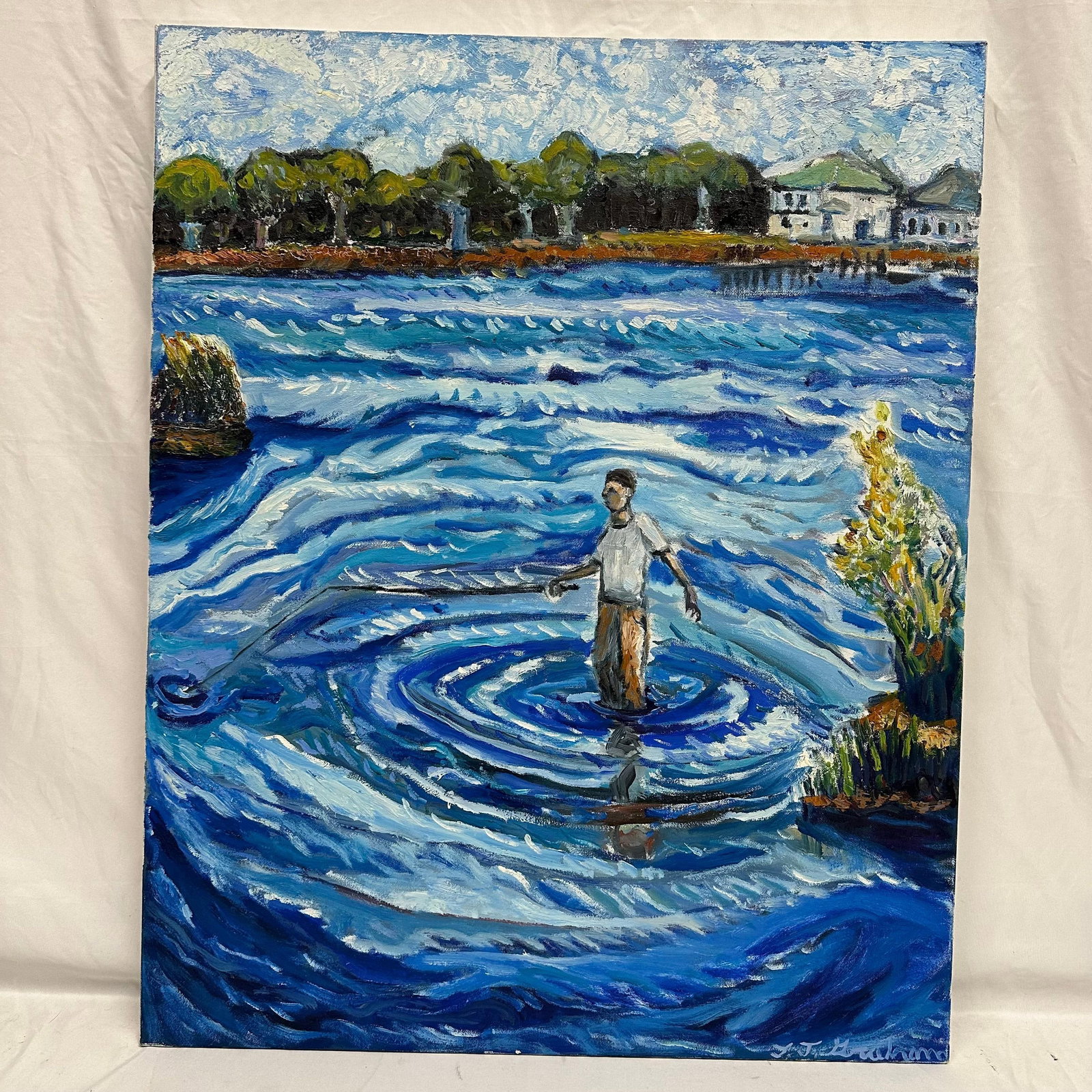 Original Oil Painting Fisherman Casting Net in Blue Waters JJ Graham: Unframed original oil painting on stretched canvas depicting a lone fisherman casting his net in swirling blue water. Heavy impasto brushwork with impressionist style elements. The background shows sh