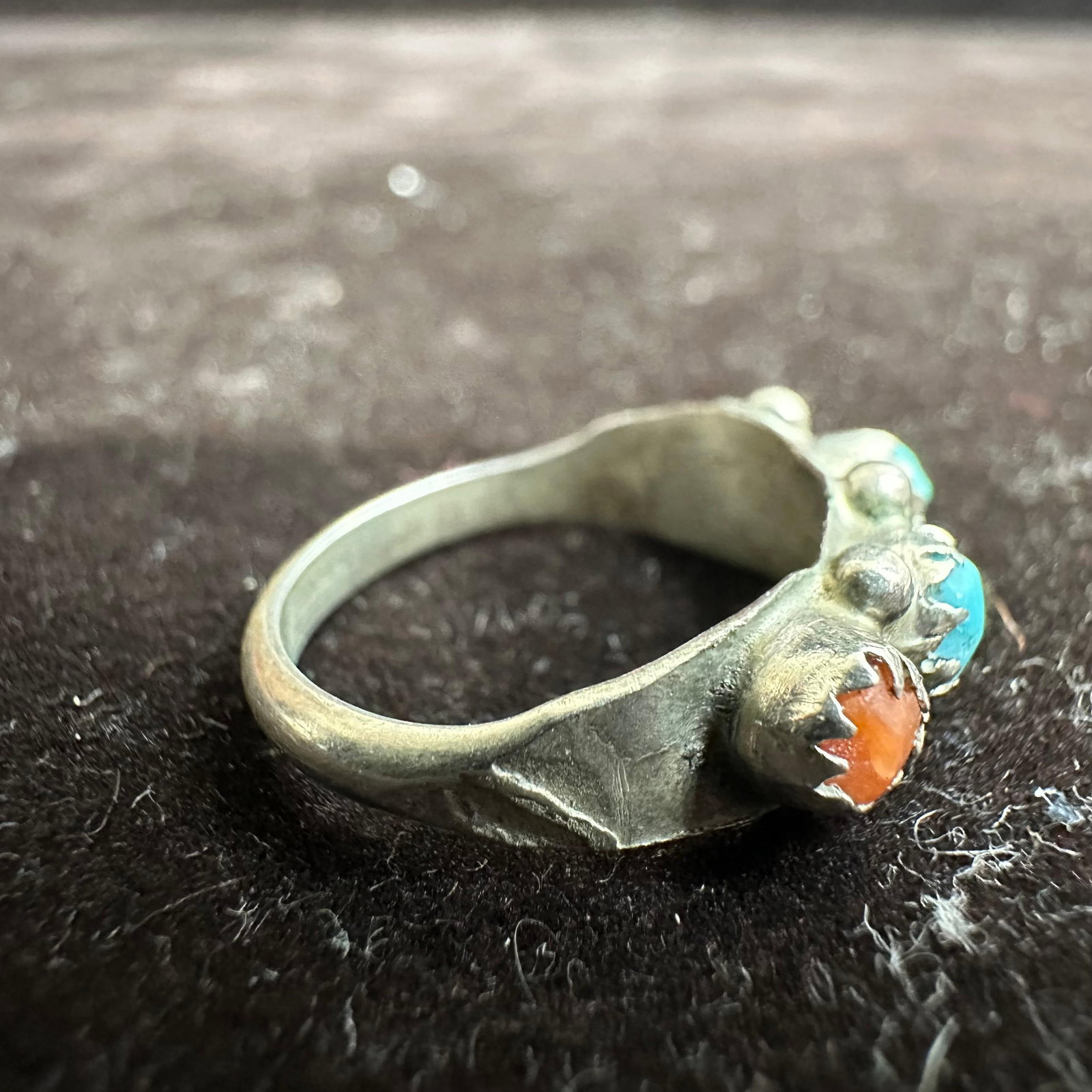Four Stone Red Coral Turquoise Silver Ring Native Style - 2