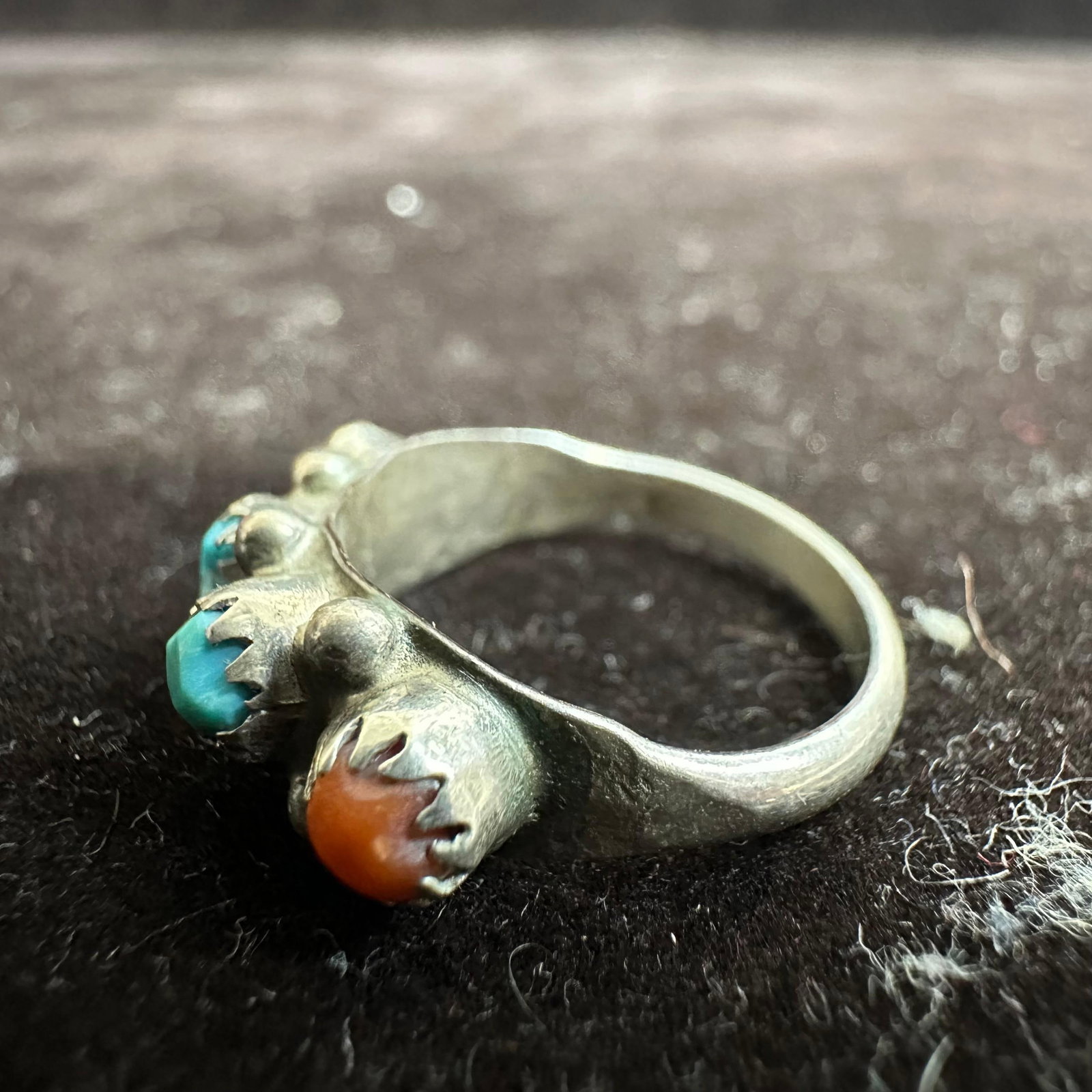Four Stone Red Coral Turquoise Silver Ring Native Style - 3