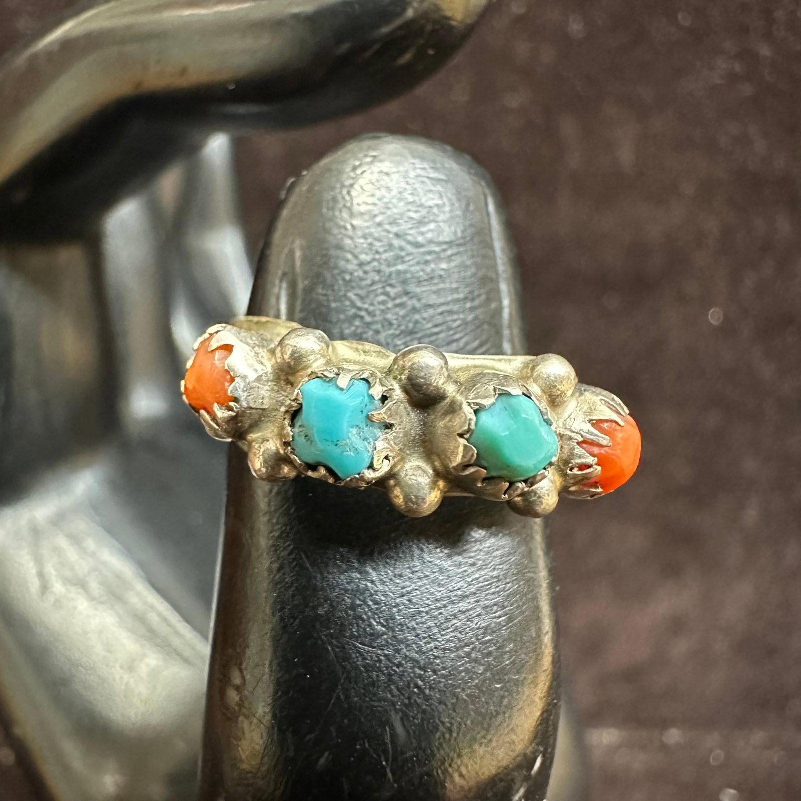 Four Stone Red Coral Turquoise Silver Ring Native Style - 4