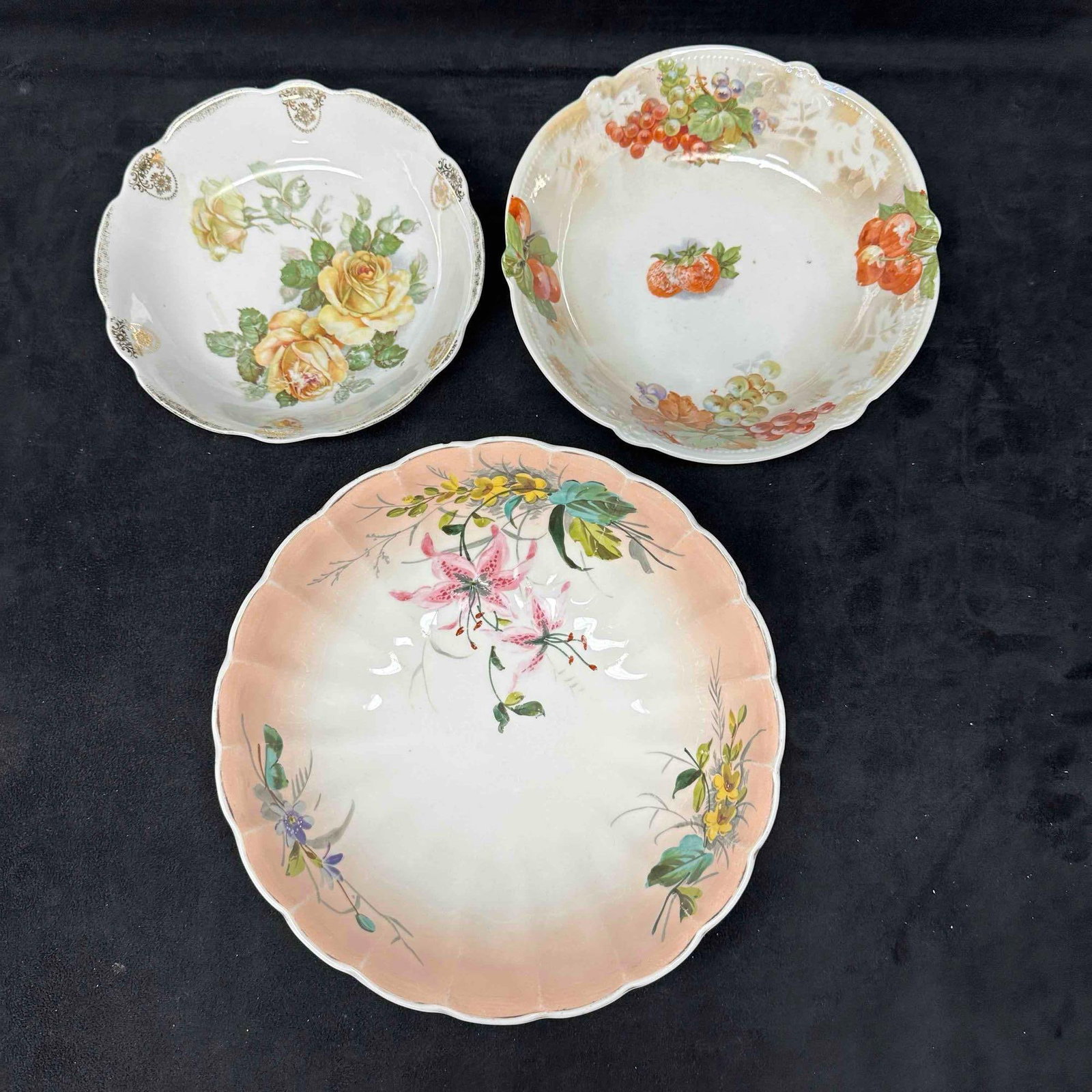 Floral and Fruit China Germany Bowl Set: Minor staining and marks throughout each plate due to storage and age. These items are in good pre-owned, previously displayed condition with light wear, and surface scratches. Please reference all ph