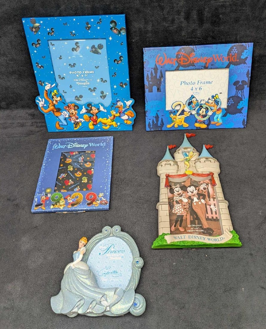 5 Different Disney World Photo Frames: 5 Different Disney World Photo Frames. This lot includes: (1) Disney Princess Cinderella 3D Resin Photo Frame for Oval 3 1/4" x 4 1/2" photo. This is approx 6" x 6" x 1 1/2". (1) W