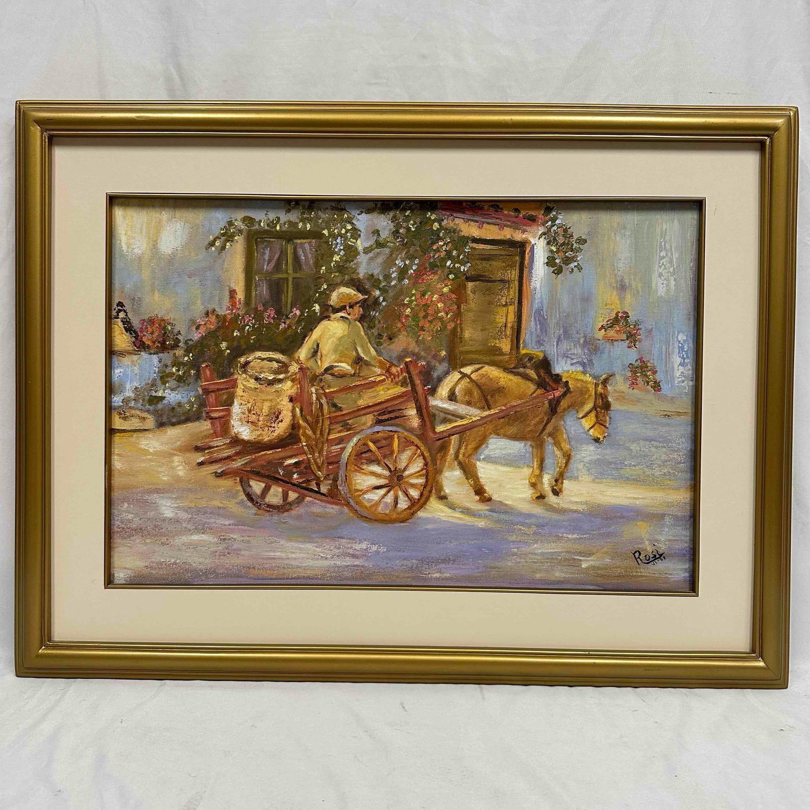 Boy Riding a Donkey Cart Painting by Rosi VI-98 Framed Oil on Canvas R152: The artist's signature is visible, Rosi VI-98, in the bottom right corner, artist unknown. A few light marks on the frame. This item is in pre-owned, previously displayed condition with 