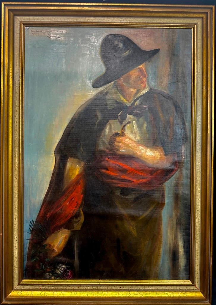 L Alvarado Gentleman Portrait Oil Painting 1936: C. L. Alvarado oil on canvas painting, signed and dated 1936, depicting a gentleman in traditional attire with black hat and red sash, holding a pipe and bouquet. Inscription upper left dedicates pain