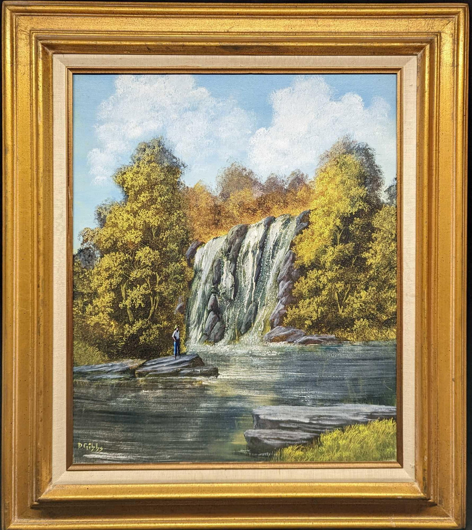 Donald A. Gibbs Oil On Canvas Waterfall (F72): Donald A. Gibbs Oil On Canvas Waterfall (F72). The framed original is signed by the artist on the bottom right of the canvas. The framed original is approx 28" x 2" x 32" and it weighs 6.5 lbs. 
