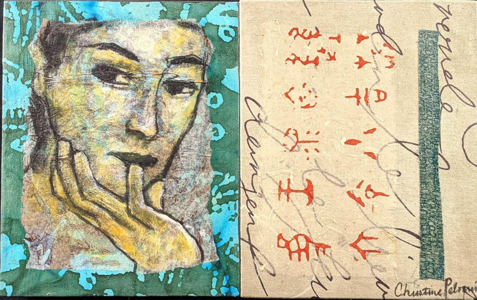 Christine Peloquin Original Mixed Media On Wood X1 Small Duo Cube: Christine Peloquin original acrylics and charcoal over fabric and paper collage on two wood panels. This one has a woman lost in thought next to words and graphic icons. This is approx 16" x 2 1/2