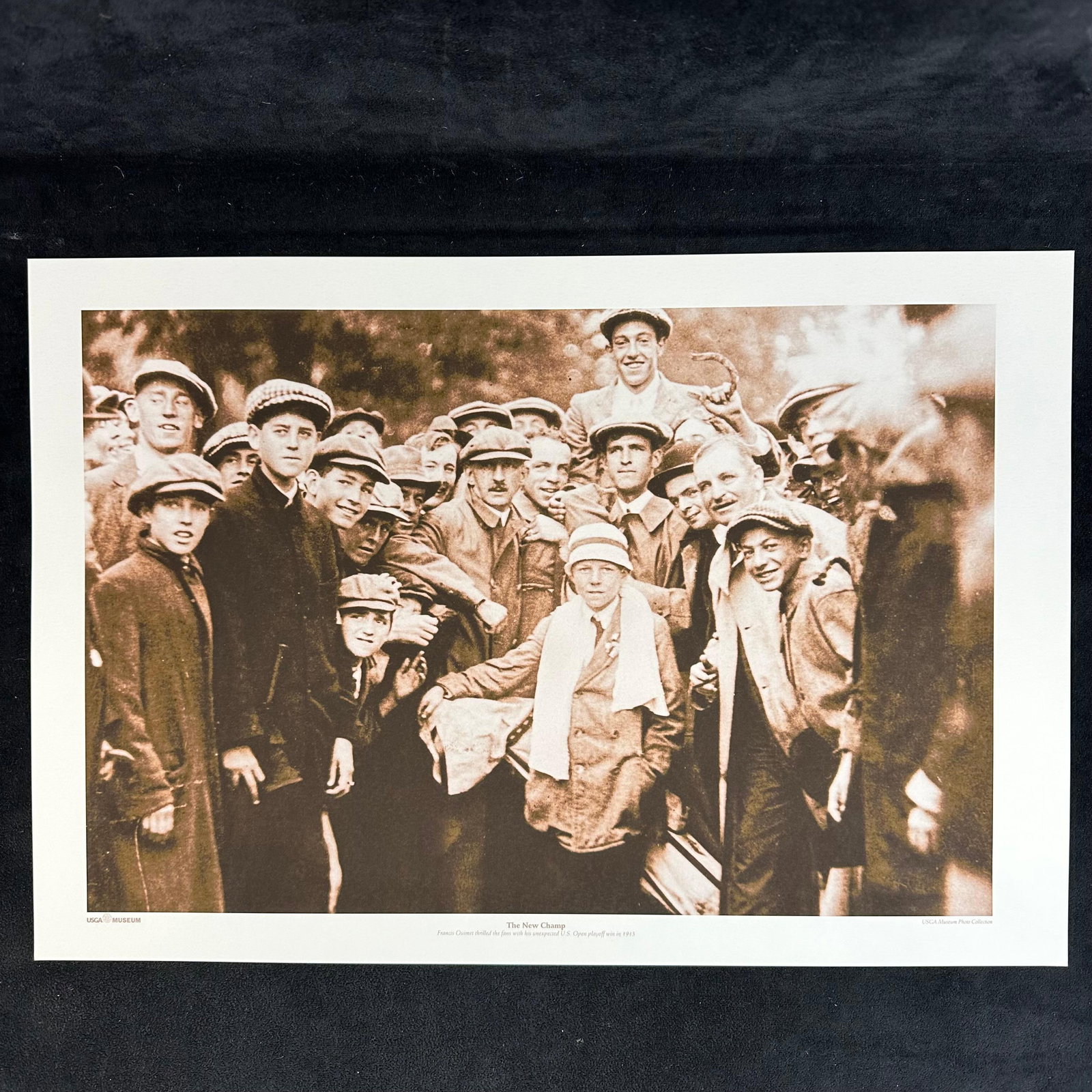 The New Champ Francis Ouimet 1913 U.S. Open Historic Golf Photograph Print USGA Museum: Historic sepia-tone photograph print titled “The New Champ” depicting Francis Ouimet surrounded by cheering fans following his unexpected victory at the 1913 U.S. Open. This iconic image, 