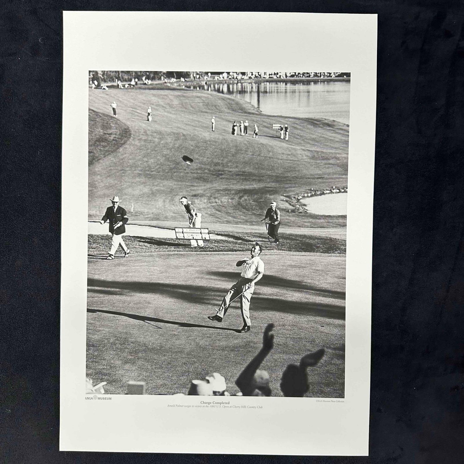 Arnold Palmer Charge Completed 1960 U.S. Open Golf Black and White Photo Print: Black and white photograph print from the USGA Museum collection titled Charge Completed, capturing Arnold Palmer surging to victory at the 1960 U.S. Open at Cherry Hills Country Club. This iconic ima