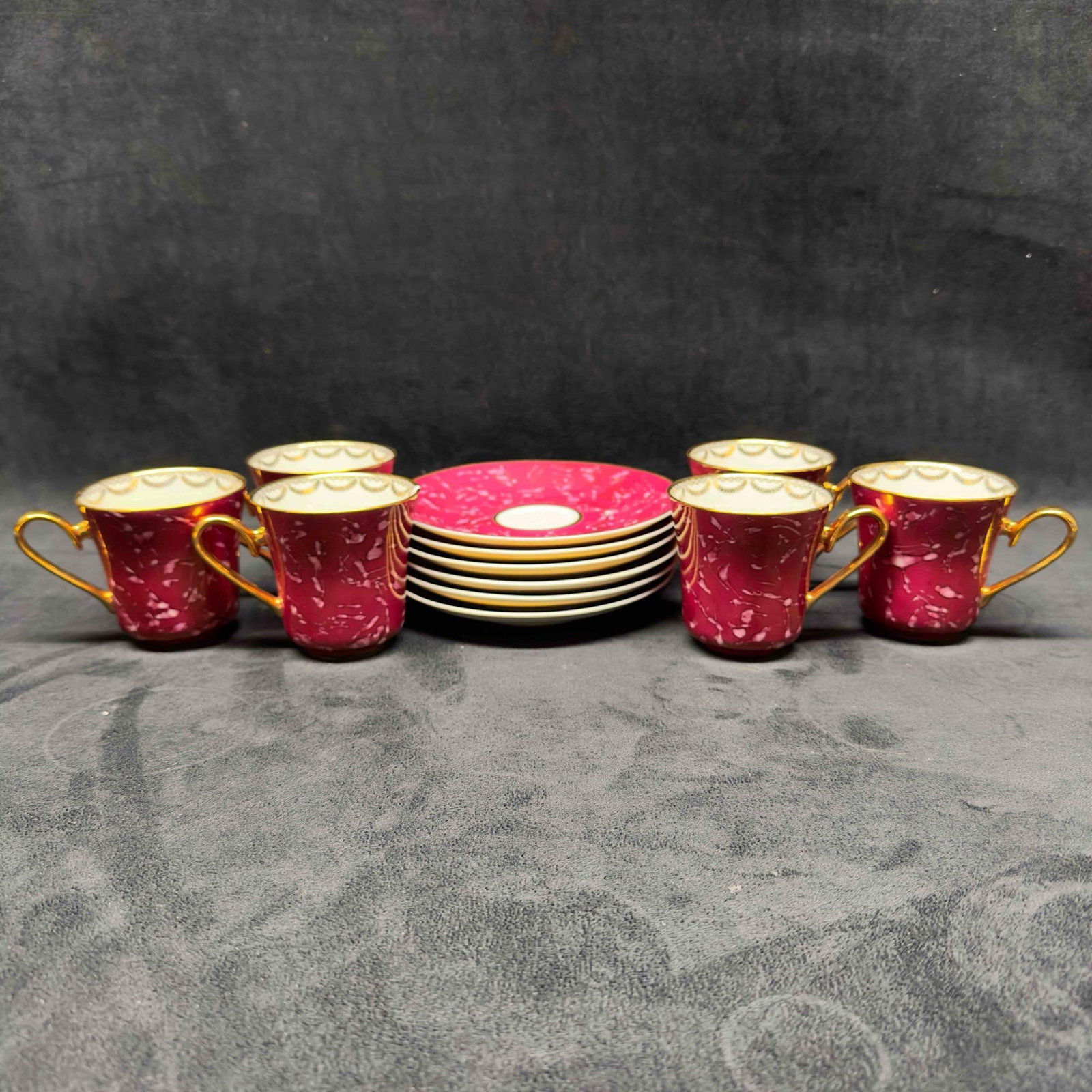 Hand Painted JSK Czech Czechoslovakia Red Gold Tea Cups and Small Plates Twelve 12 Dish Set (1 of 11)