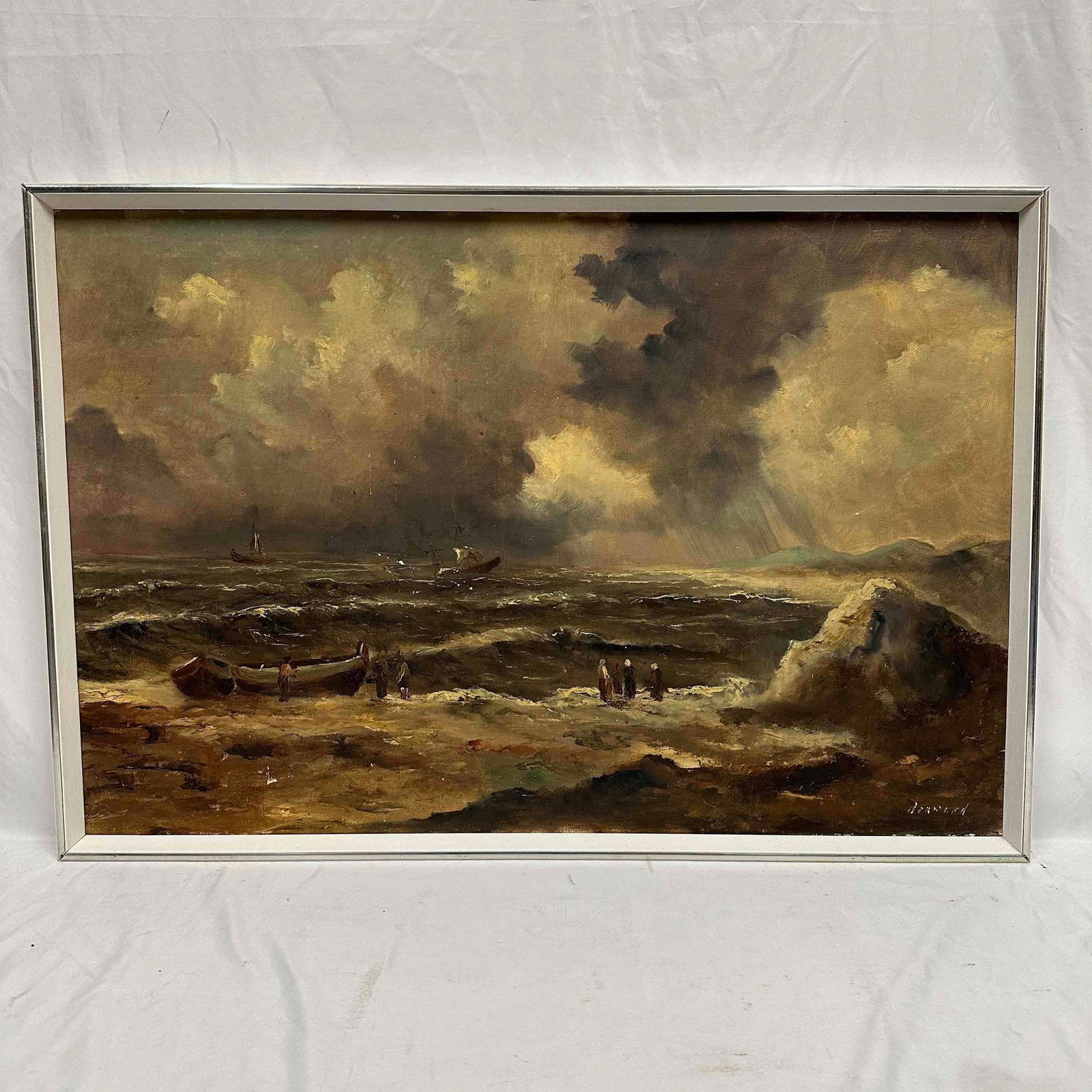Stormy Weather Original Oil Painting Bernard Framed J: This captivating seascape painting by artist Bernard showcases a dramatic view of the ocean under a stormy sky. The artwork conveys the power and movement of the sea, invoking feelings of awe and reve