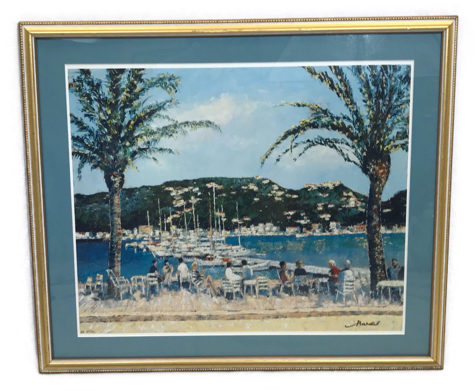 Framed Serigraph Print Harbor Scene, Numbered: Framed Serigraph Print Harbor Scene, Numbered: a numbered print of a harbor scene with hills behind in impressionist style. It is marked 39/130. The work is glazed with a single mat in a gold colored 