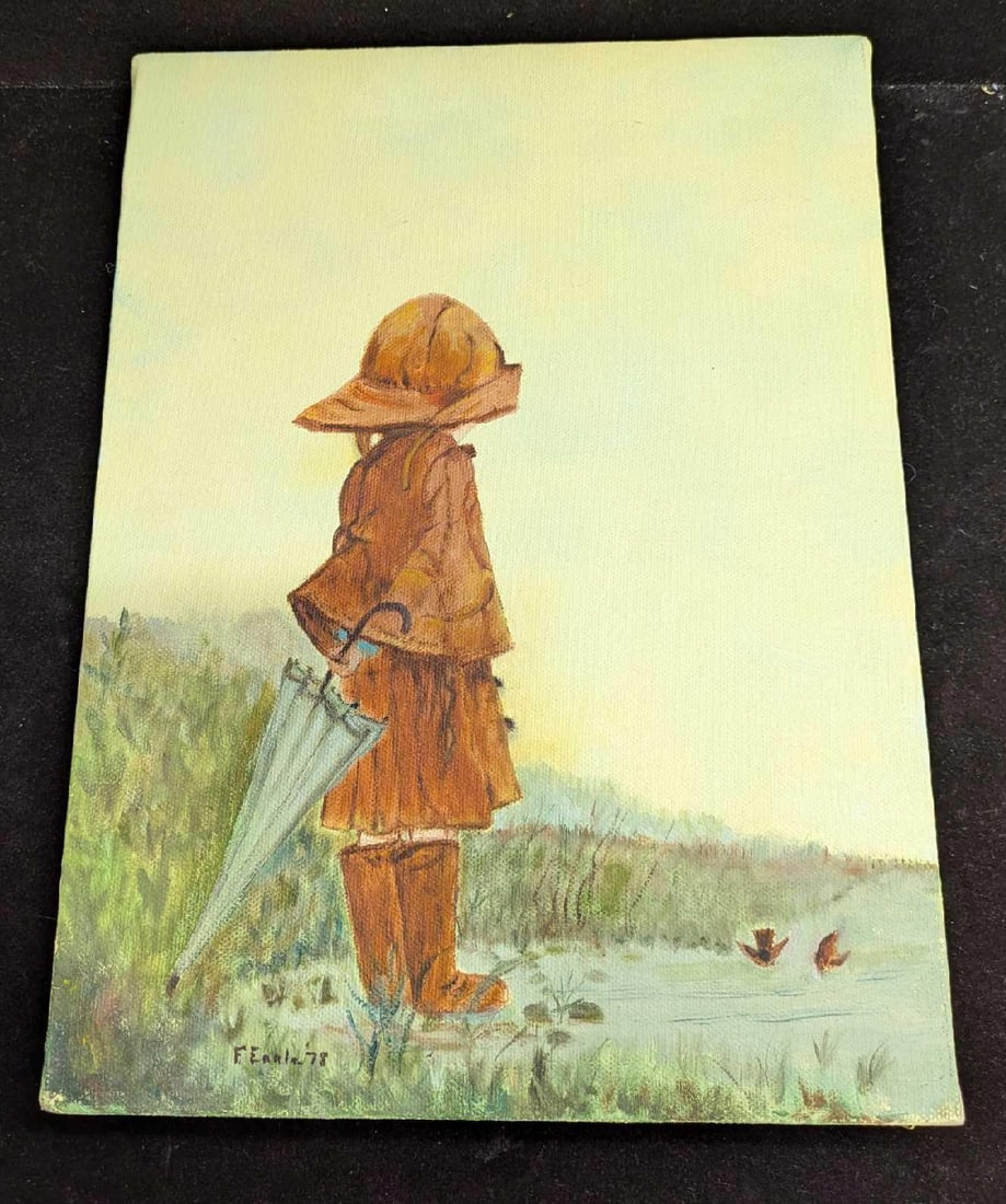 Small Original Acrylic On Canvas Child With Umbrella: Small Original Acrylic On Canvas Child With Umbrella. This is approx 9" x 5/8" x 11 7/8" and it weighs 0.66lb. The original was signed and dated by the artist on the bottom left of the canvas. We
